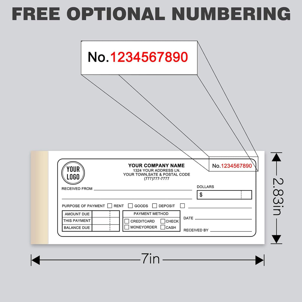 Custom Invoices Receipt Book for Small Business Personalized 2-Part Duplicate Carbonless Logo Receipt Books Sales Payment Forms with Company Name Address Phone Number 100 Sets 2.83" x 7"