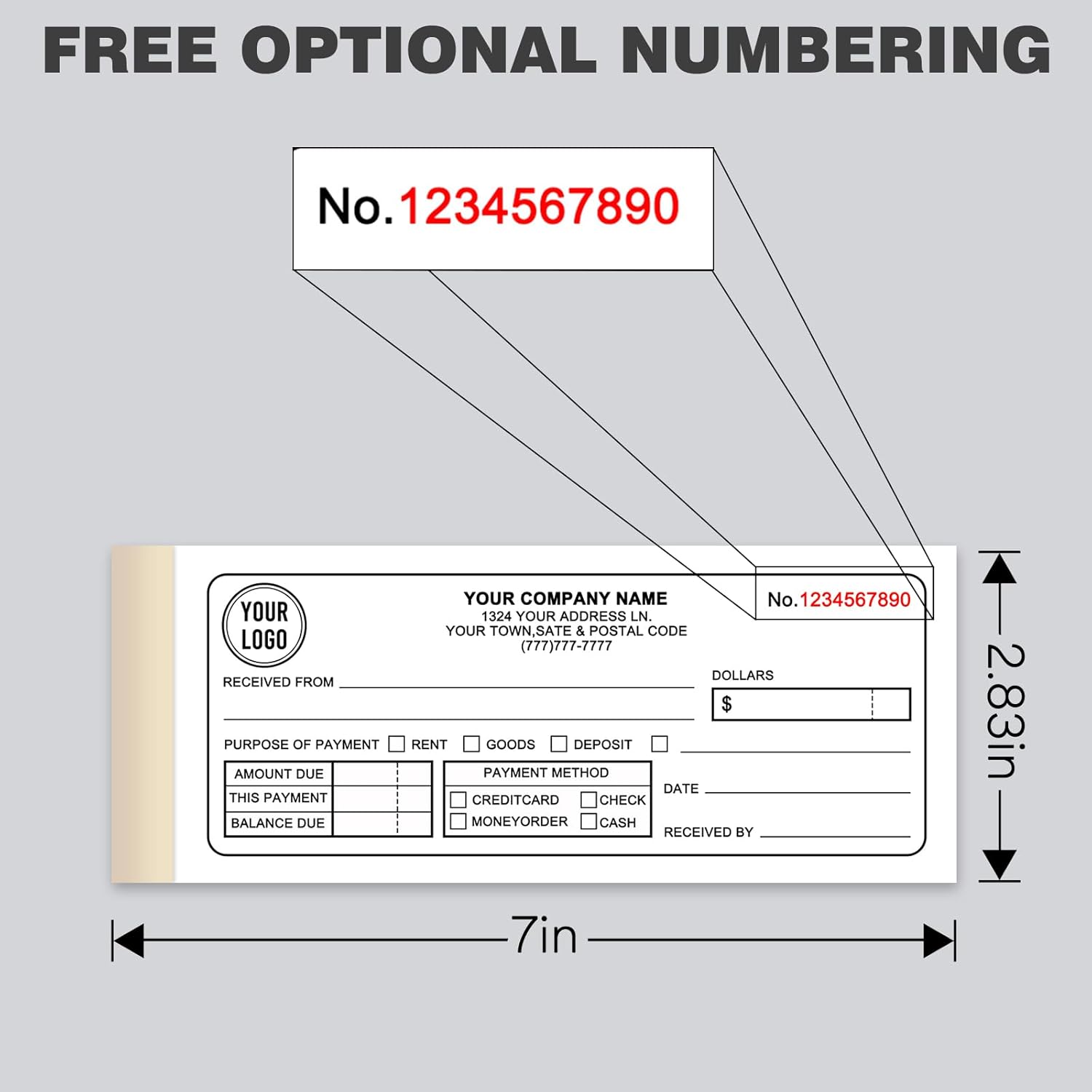 Custom Invoices Receipt Book for Small Business Personalized 3-Part Duplicate Carbonless Logo Receipt Books Sales Payment Forms with Company Name Address Phone Number 100 Sets 2.83" x 7"