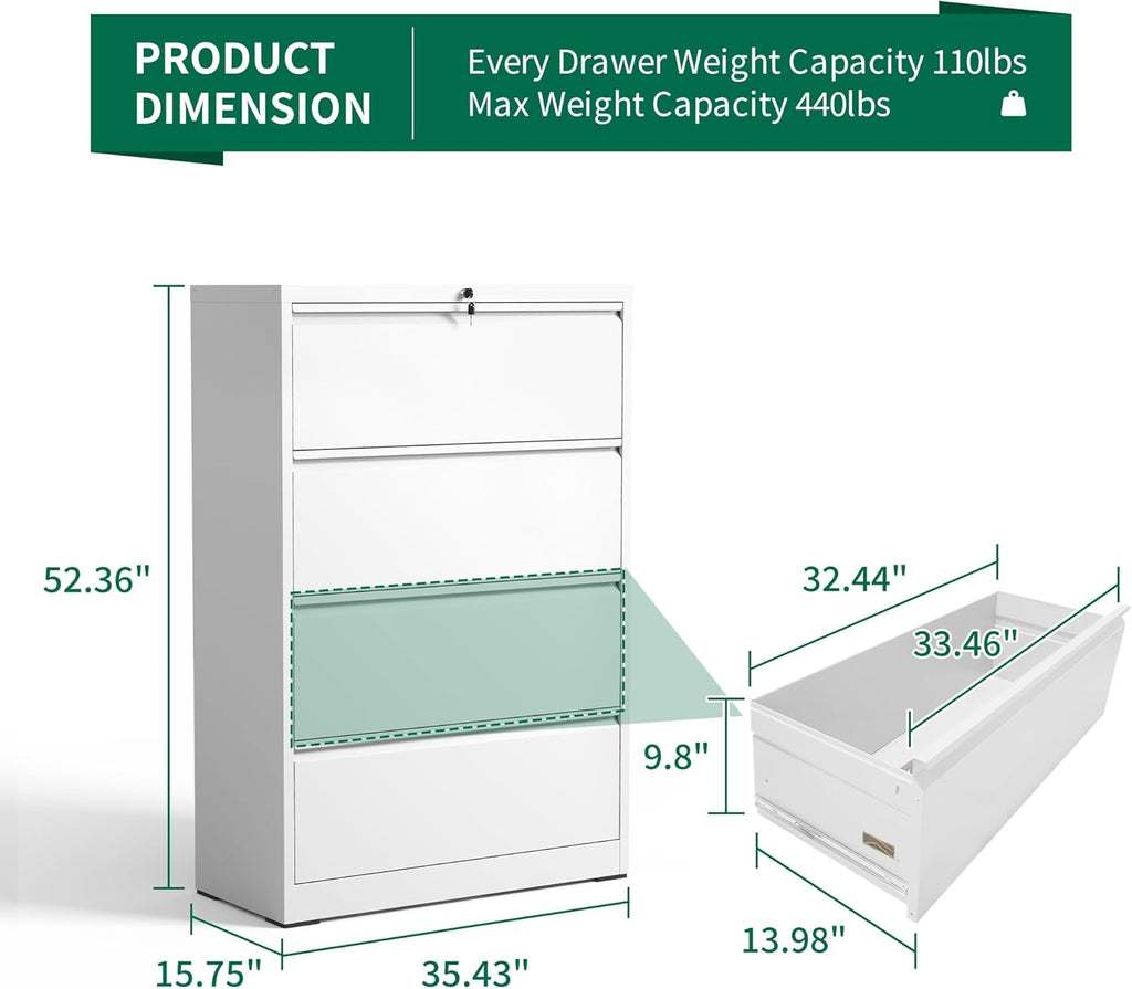 4 Drawer Lateral File Cabinet, Metal Filing Cabinets for Home Office, Steel Storage Wide File Cabinet for Letter/Legal/F4/A4 Size with Hanging Bars, Assembly Required (White)