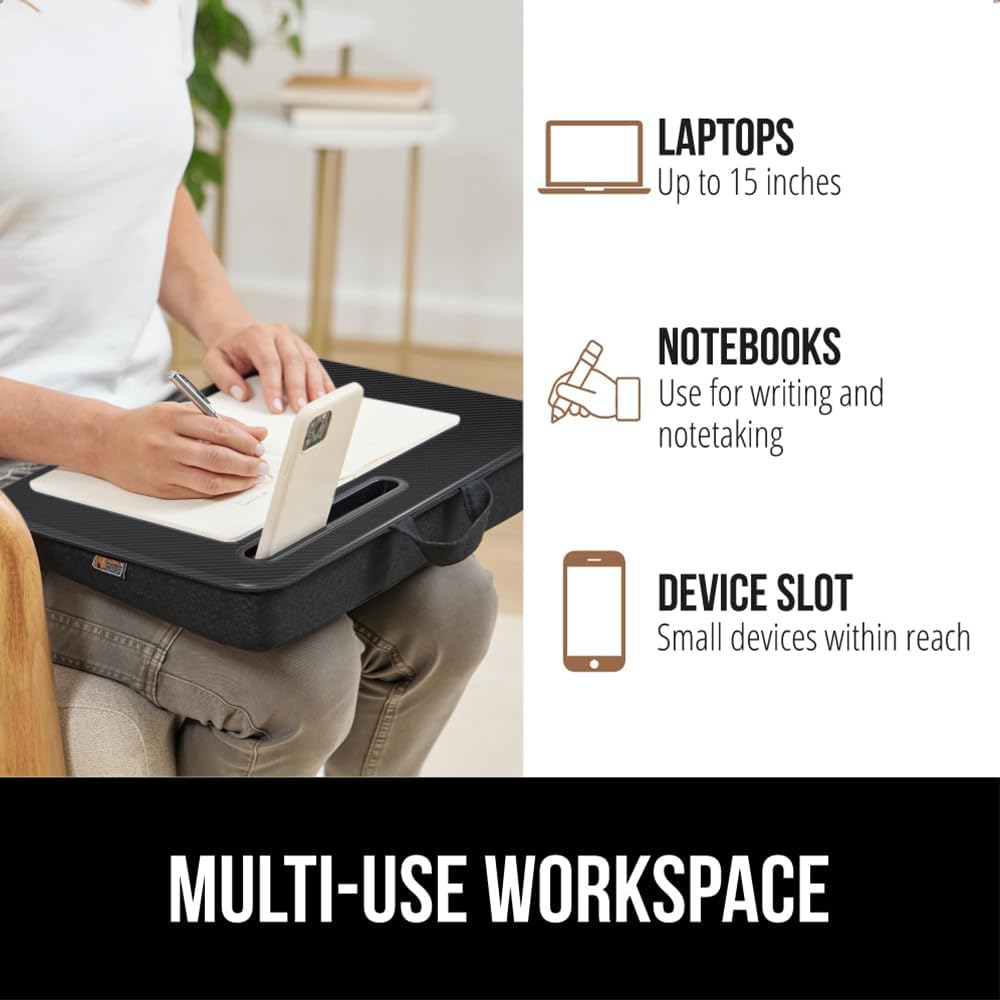 GORILLA GRIP Laptop Lap Desk with Phone Holder, Pillow Cushion Desks Fit Laptops up to 15.6", Tray Ledge Keep Computers in Place, Portable Travel Workstation Essentials for Home, Dorm Room, Black