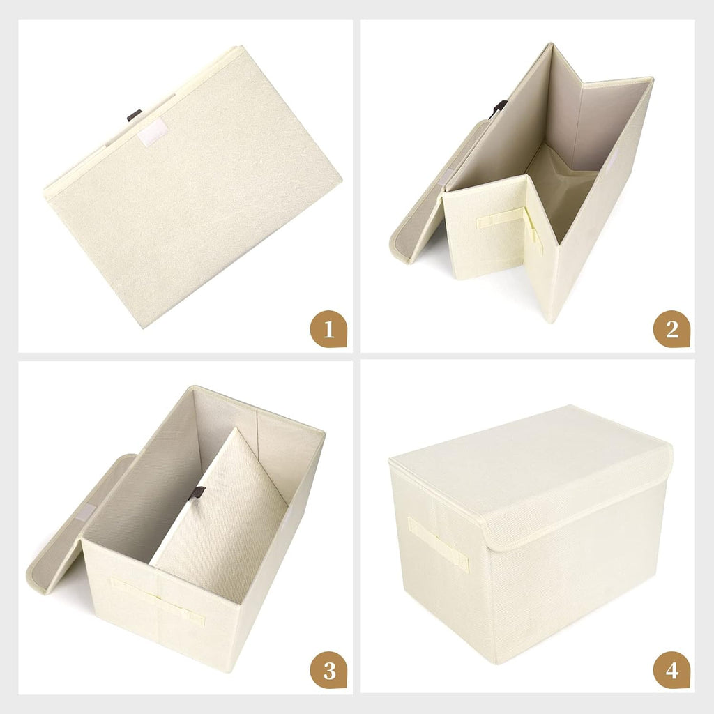 Large 42 Quarts Collapsible Stackable Storage Bins Cube with Lids [3-Pack] Foldable Fabric Linen Storage Boxes, Closet Organizer Baskets with Label for Home (16.7 x 12 x 12", Beige)
