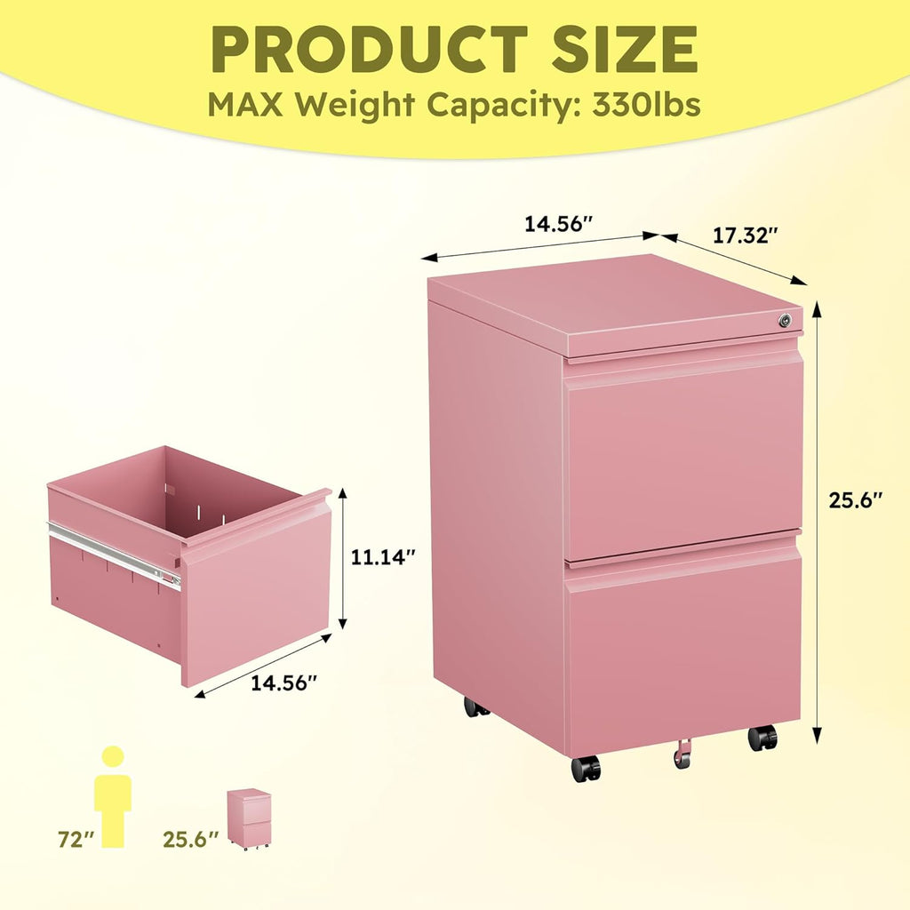 Aobabo Metal 2 Drawer Office File Cabinet with Lock, Under Desk Office Steel Files Cabinet on Wheels, 25.6''H Legal/Letter A4 Size, Fully Assembled Except Wheels,Pink