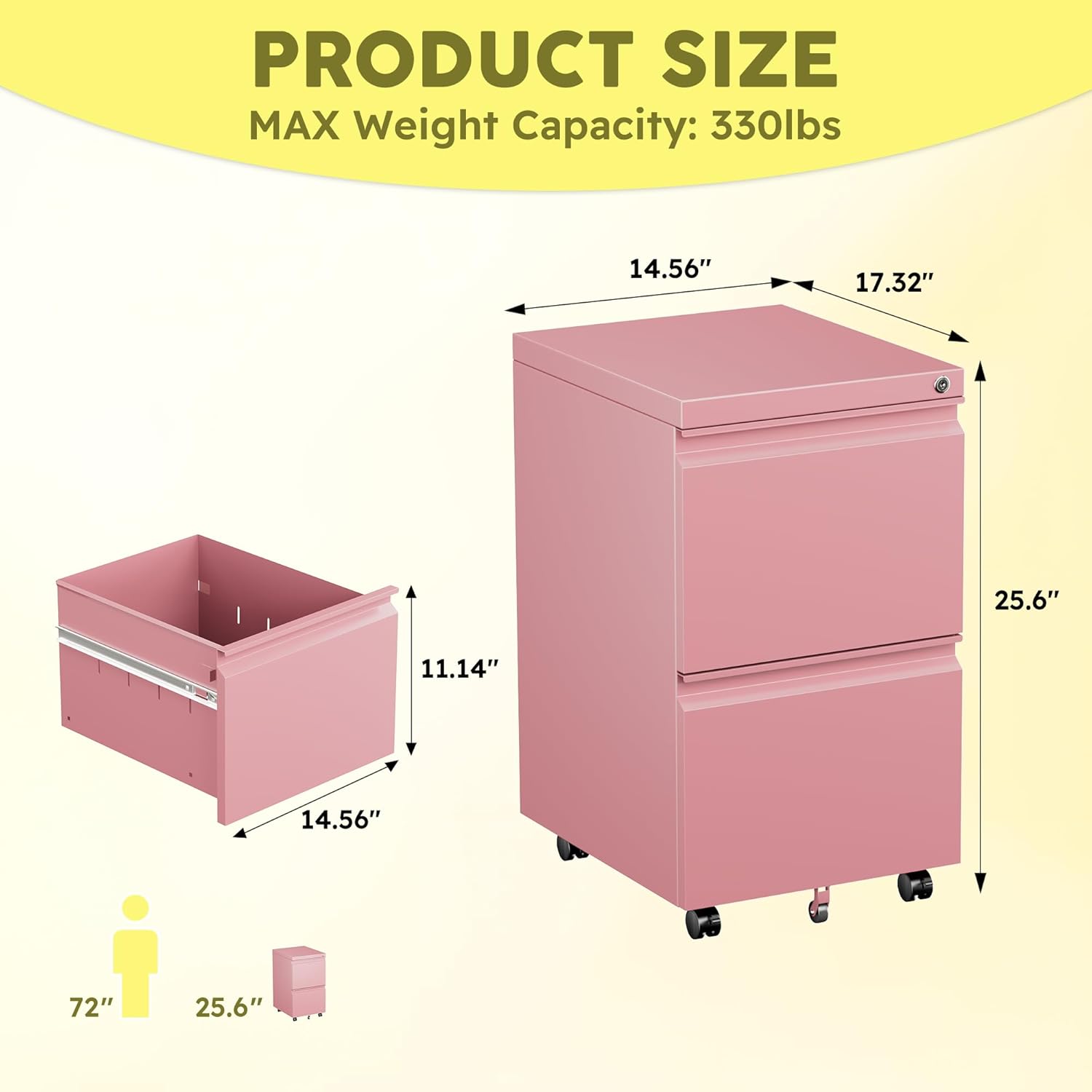 Aobabo Metal 2 Drawer Office File Cabinet with Lock, Under Desk Office Steel Files Cabinet on Wheels, 25.6''H Legal/Letter A4 Size, Fully Assembled Except Wheels,Pink