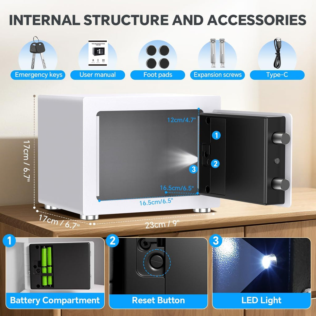 Small Home Safe, 6.7”D x 9”W x 6.7”H, Electronic Keypad Lock Security Box for Cash, Jewelry, Passport, Hidden Safe for Closet, College Dorm Room, White