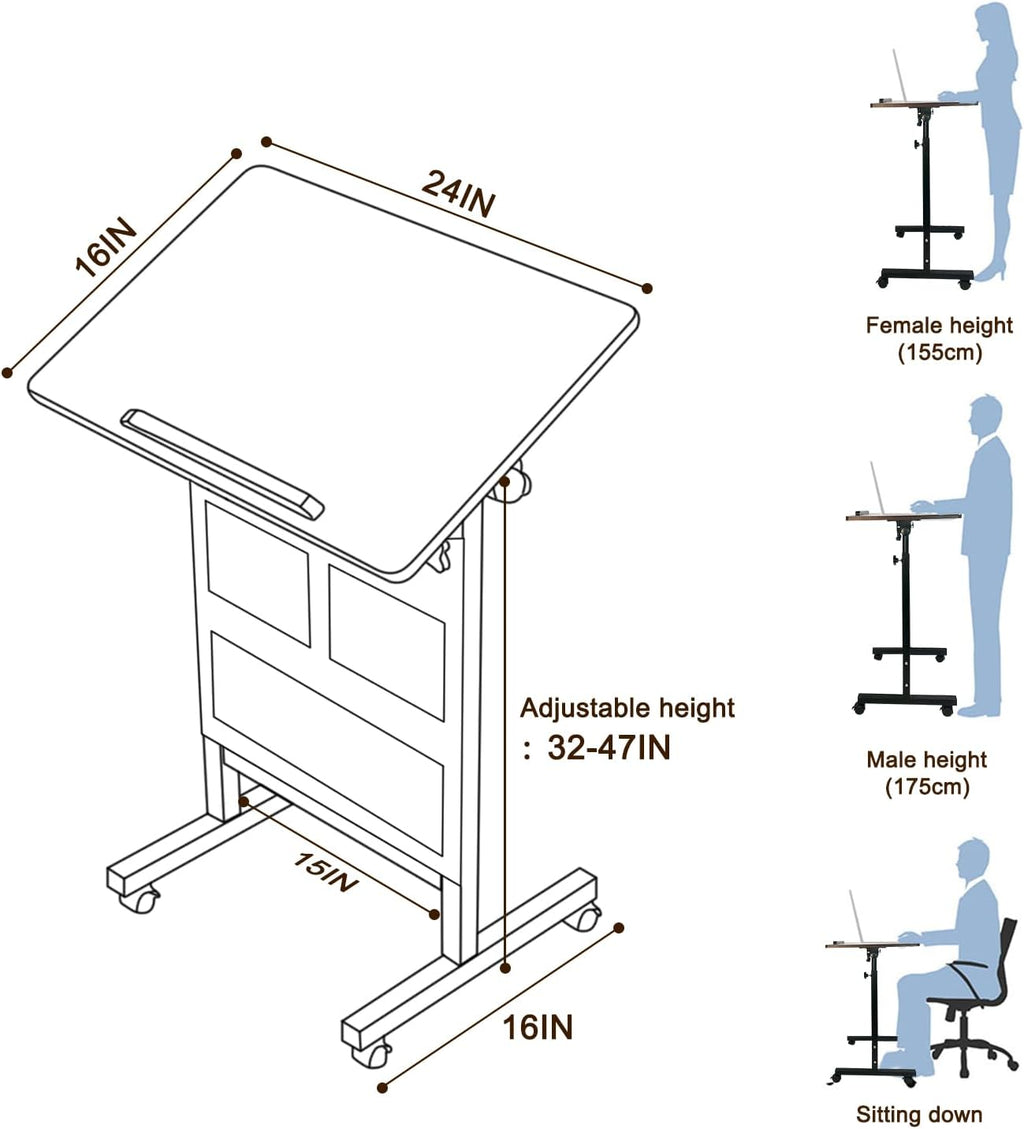 KOUPA Height Adjustable Standing Desk with Storage Bag widths16 in Length 24 in, Portable Rolling Mobile Stand Up Table with Wheels, 360 Degree Flip Laptop Computer Desk for Home Office, Rustic Brown