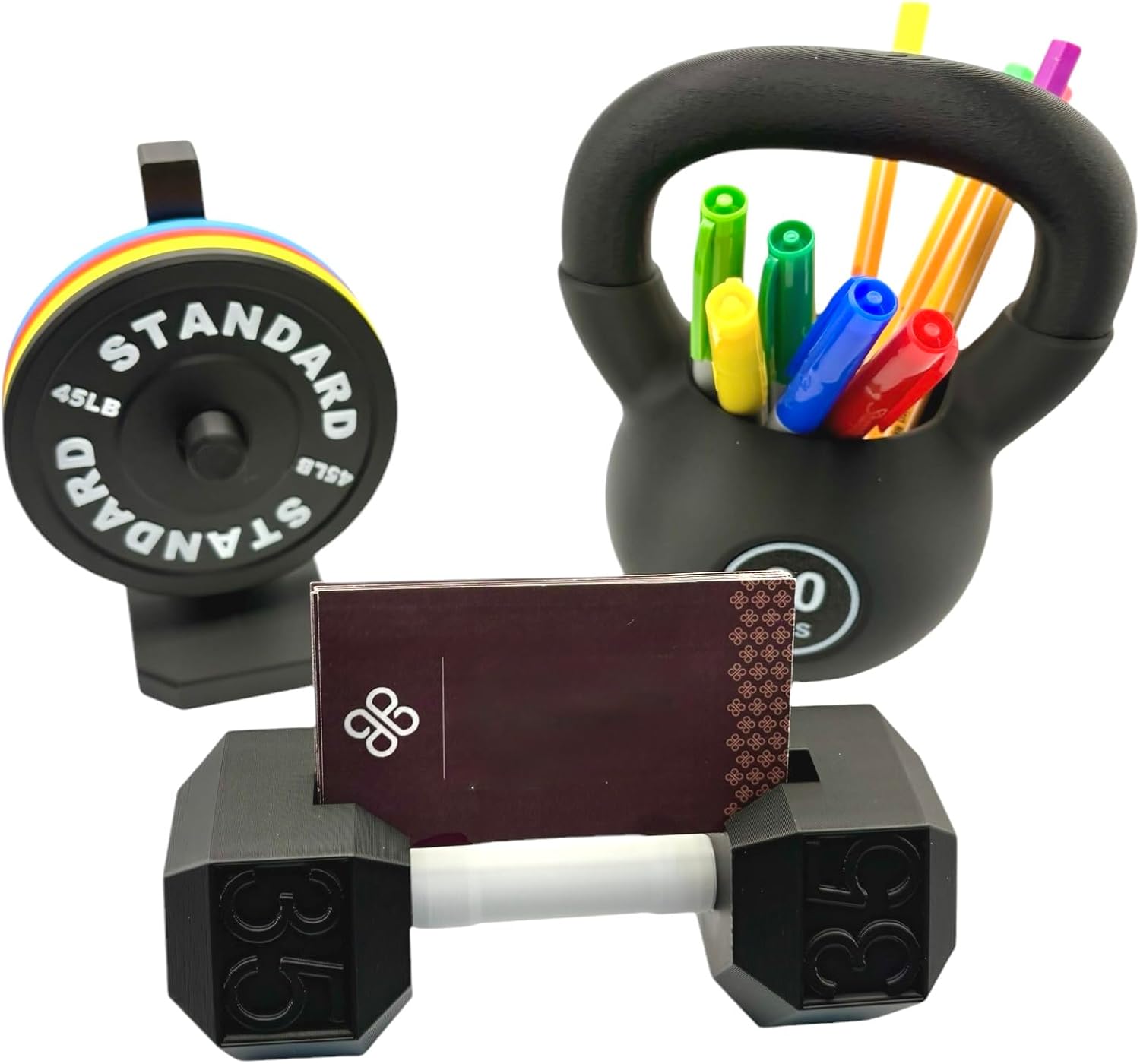Fitness-Themed Office Desk Set, 3-Piece Dumbbell Business Card Holder, Pen Holder, Black