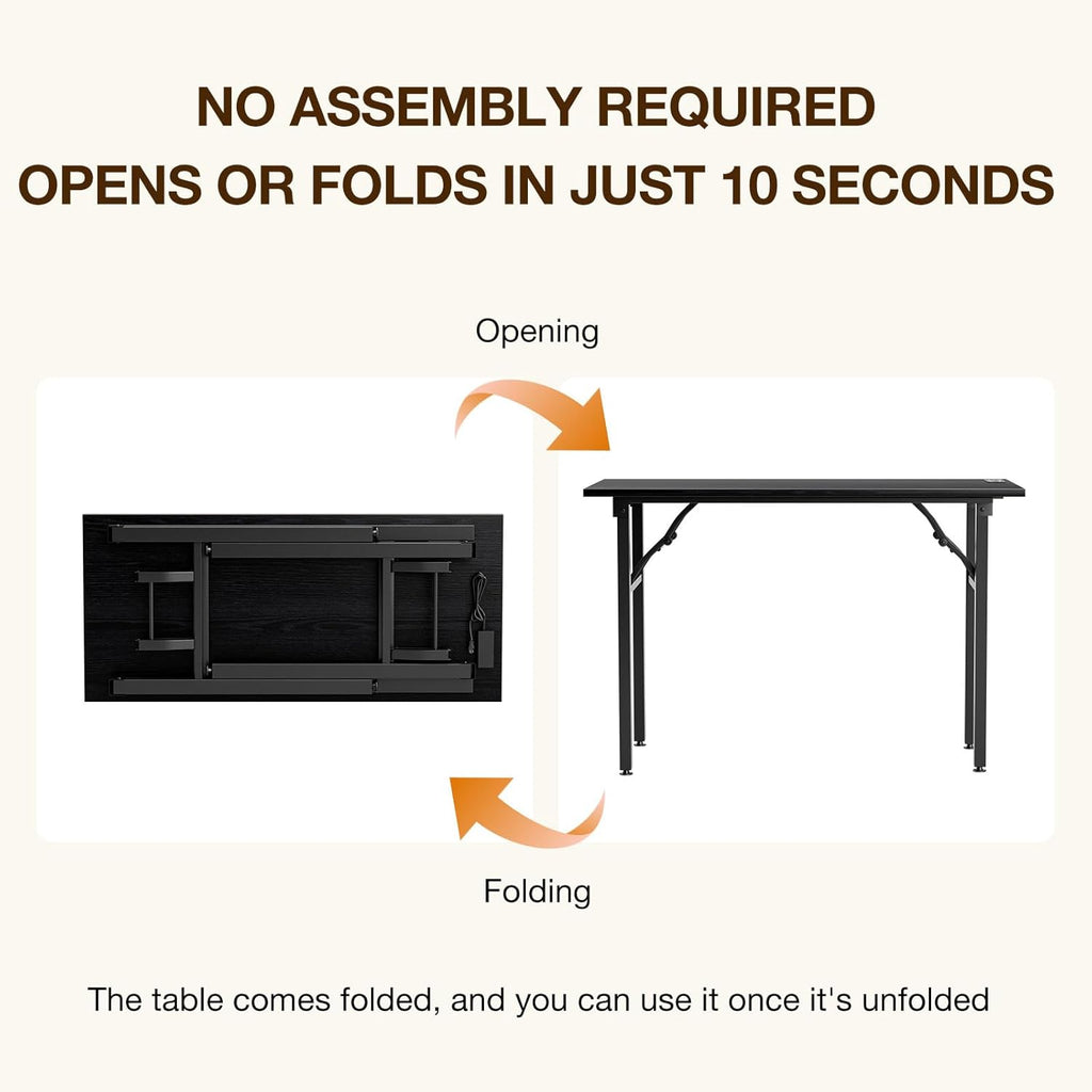 TEMI Small Computer Desk Folding Table - No Assembly, Compact 44.3" Foldable Desk with Power Outlets & USB Charging Port, Portable Small Office Desk, Ideal Mini Study Table, Dark Oak