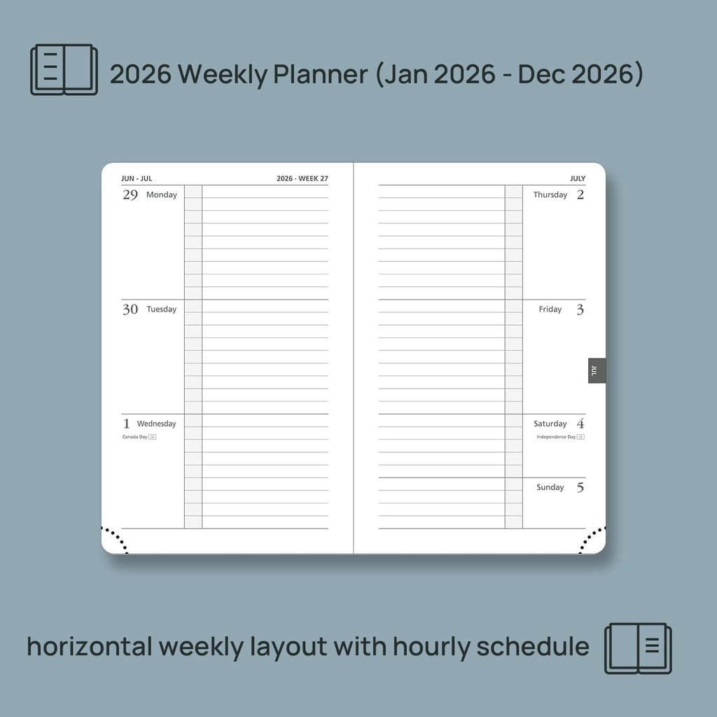 POPRUN Weekly Planner 2026 Calendar (Pocket 4'' x 6.25'') 12 Months Notebook with Horizontal Layout, Leather Hardcover, Inner Pocket, 100GSM Thick Paper, Pen Holder TJ - Army Green
