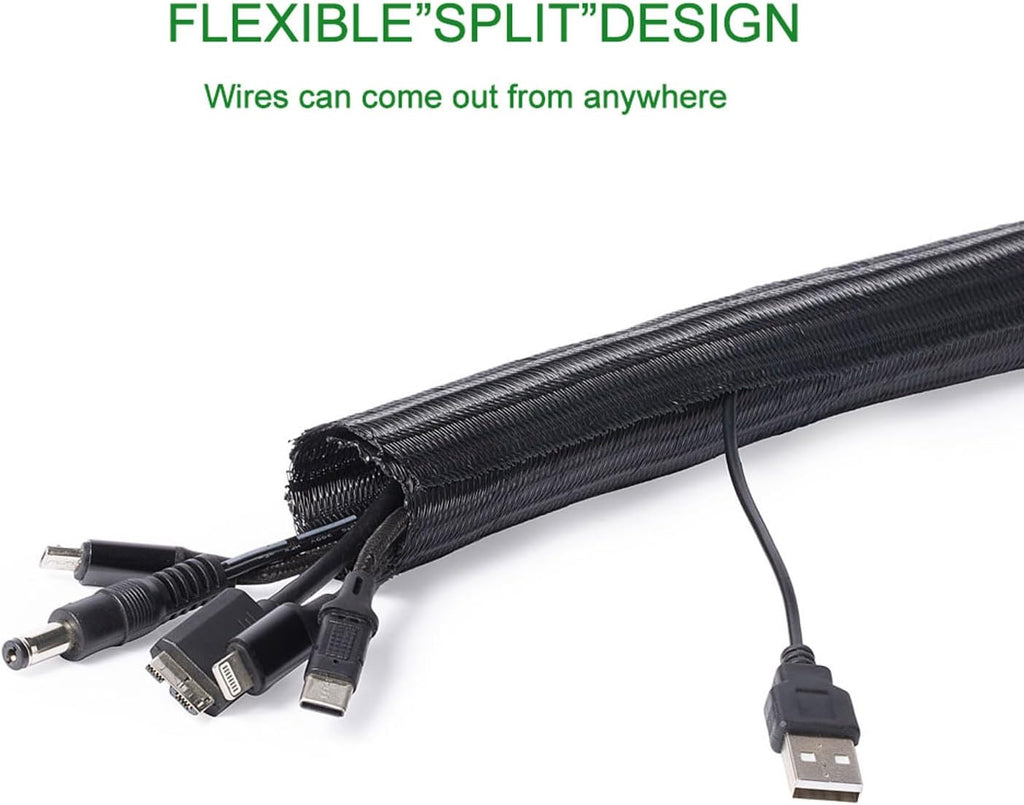 1/4" x 50ft Black Cable Sleeve Cover - Pet-Proof Cord Management System for Home Office Desk, Durable Wire Organizer Protector from Dog Cat Chewing, Flexible Cable Hider (Black)