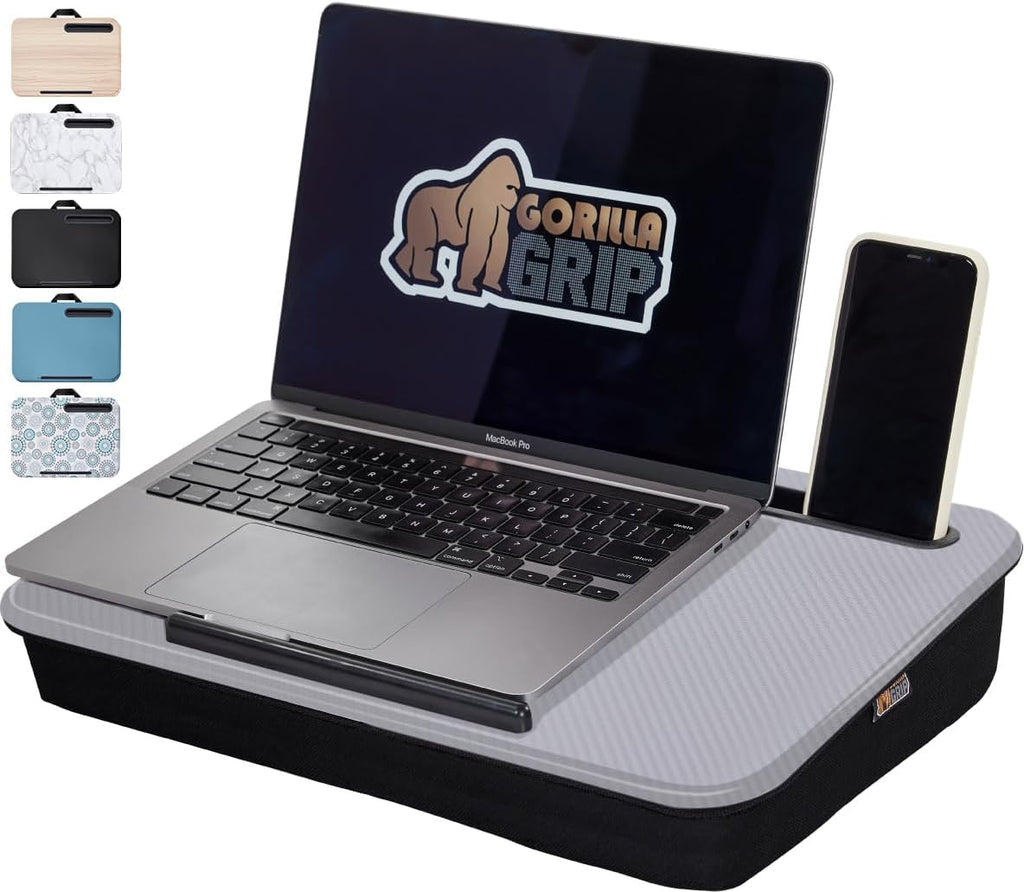GORILLA GRIP Laptop Lap Desk with Phone Holder, Pillow Cushion Desks Fit Laptops up to 15.6", Tray Ledge Keep Computers in Place, Portable Travel Workstation Essentials for Home, Dorm Room, Gray