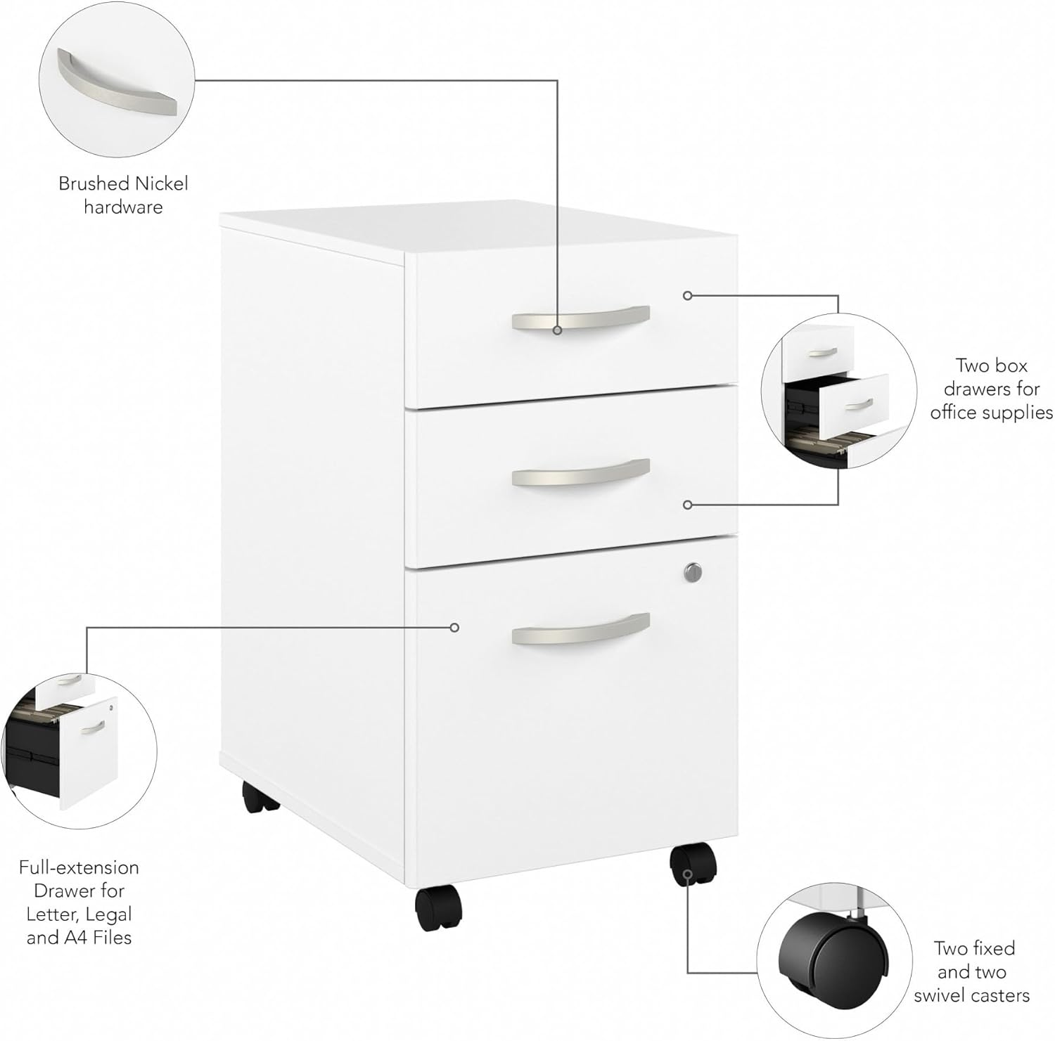 Bush Business Furniture Studio C 3 Drawer Mobile File Cabinet in White