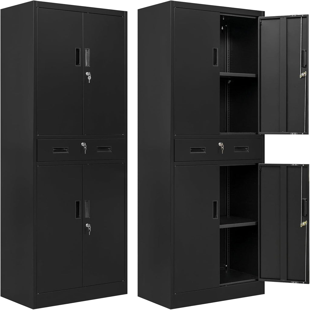 BESFUR Metal Cabinet, Garage Storage Cabinet with Drawer and Adjustable Shelves for Garage, Office, School - Black