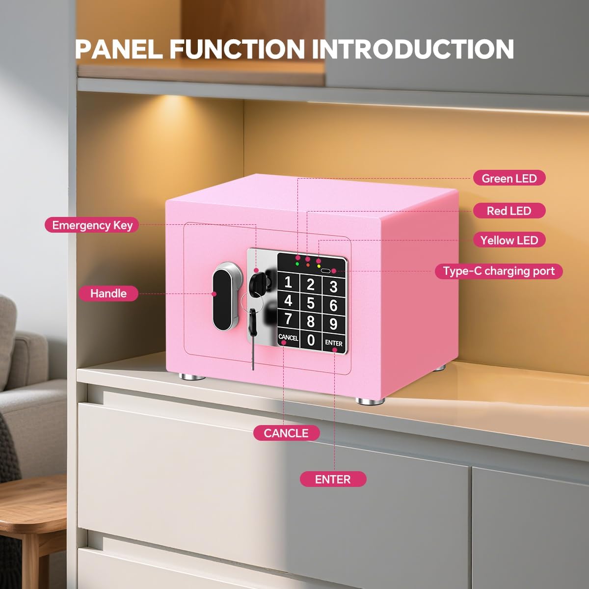 Small Home Safe, 6.7”D x 9”W x 6.7”H, Electronic Keypad Lock Security Box for Cash, Jewelry, Passport, Hidden Safe for Closet, College Dorm Room, Pink