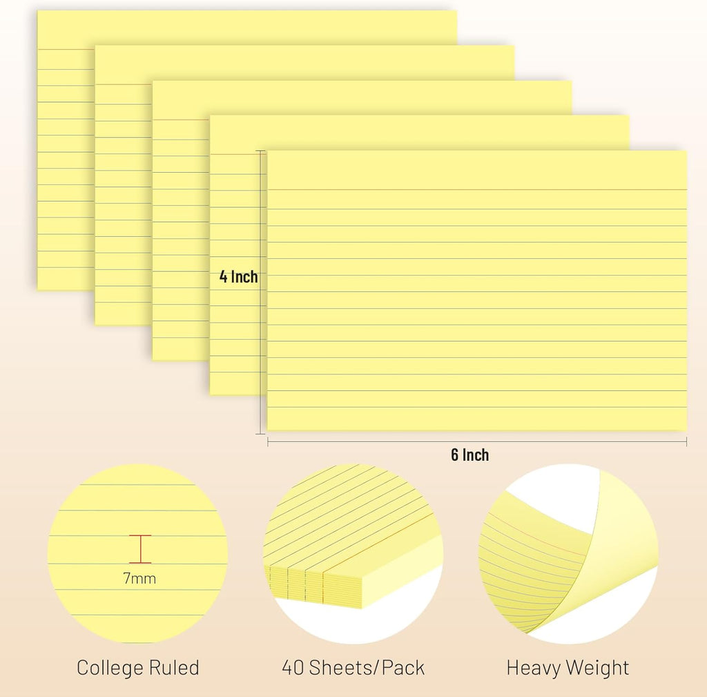 200 Pcs Index Cards 4 x 6 Inch Ruled Yellow Index Cards, College Ruled Flash Cards for School, College, Office and Home Organization, Durable Study To Do List Note Cards with Ruled Lines, 5 Pack of 40