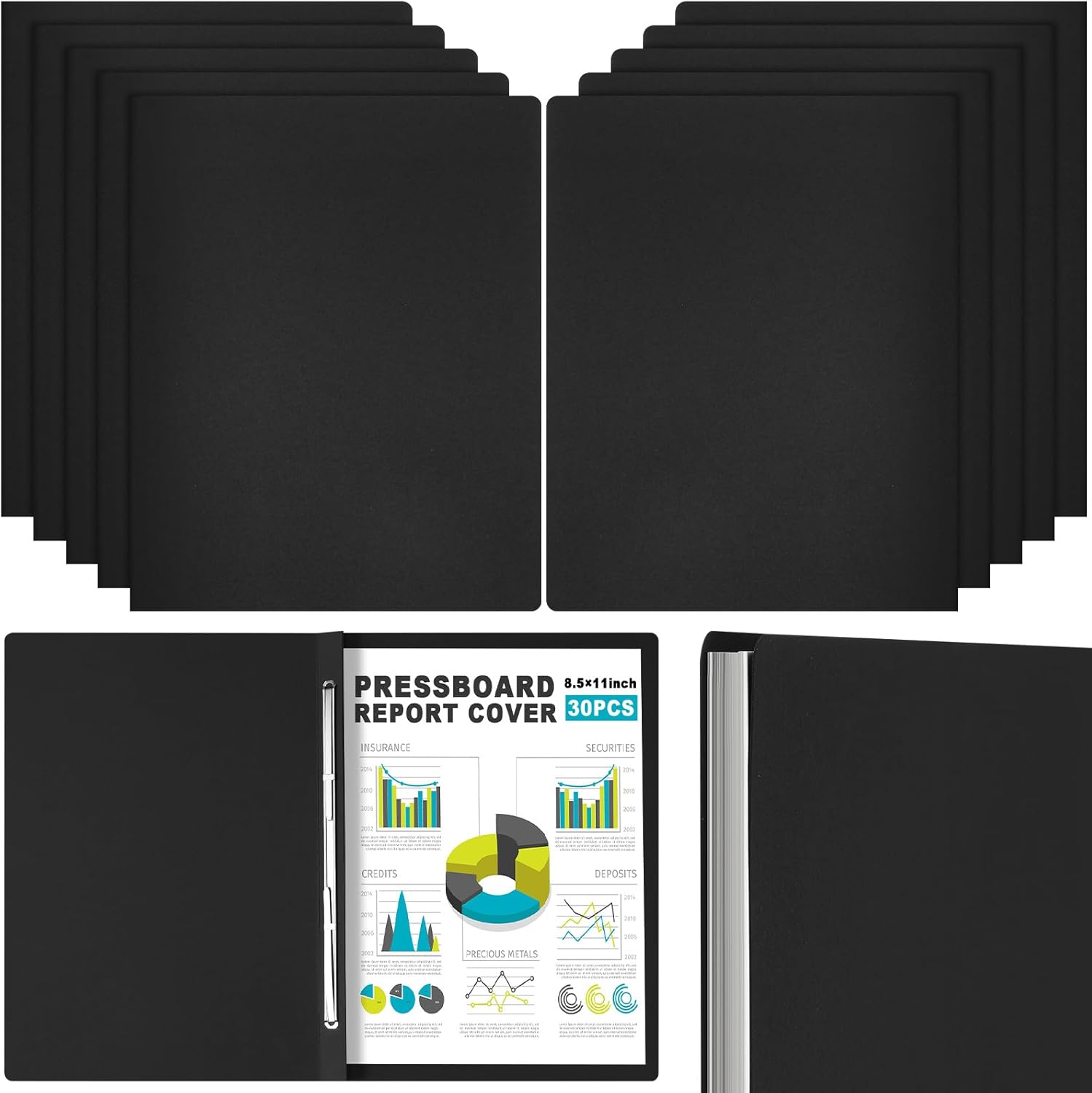 30 Pcs 8.5'' x 11'' Pressboard Report Cover, 3'' Capacity Metal Prong Fastener with Compressor, Letter Size, Presentation Folder to Neatly Bind Report, Proposal Document (Black)
