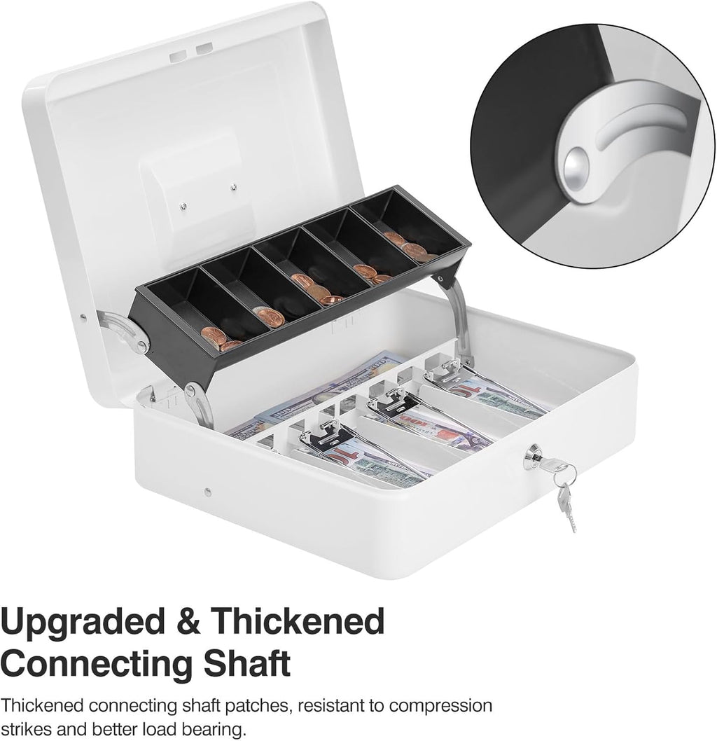 Large Locking Cash Box with Key Lock and Money Tray, Money Box with Cash Tray, Lock Safe Box for Office Business, 11.8" x 9.5" x 3.5", White
