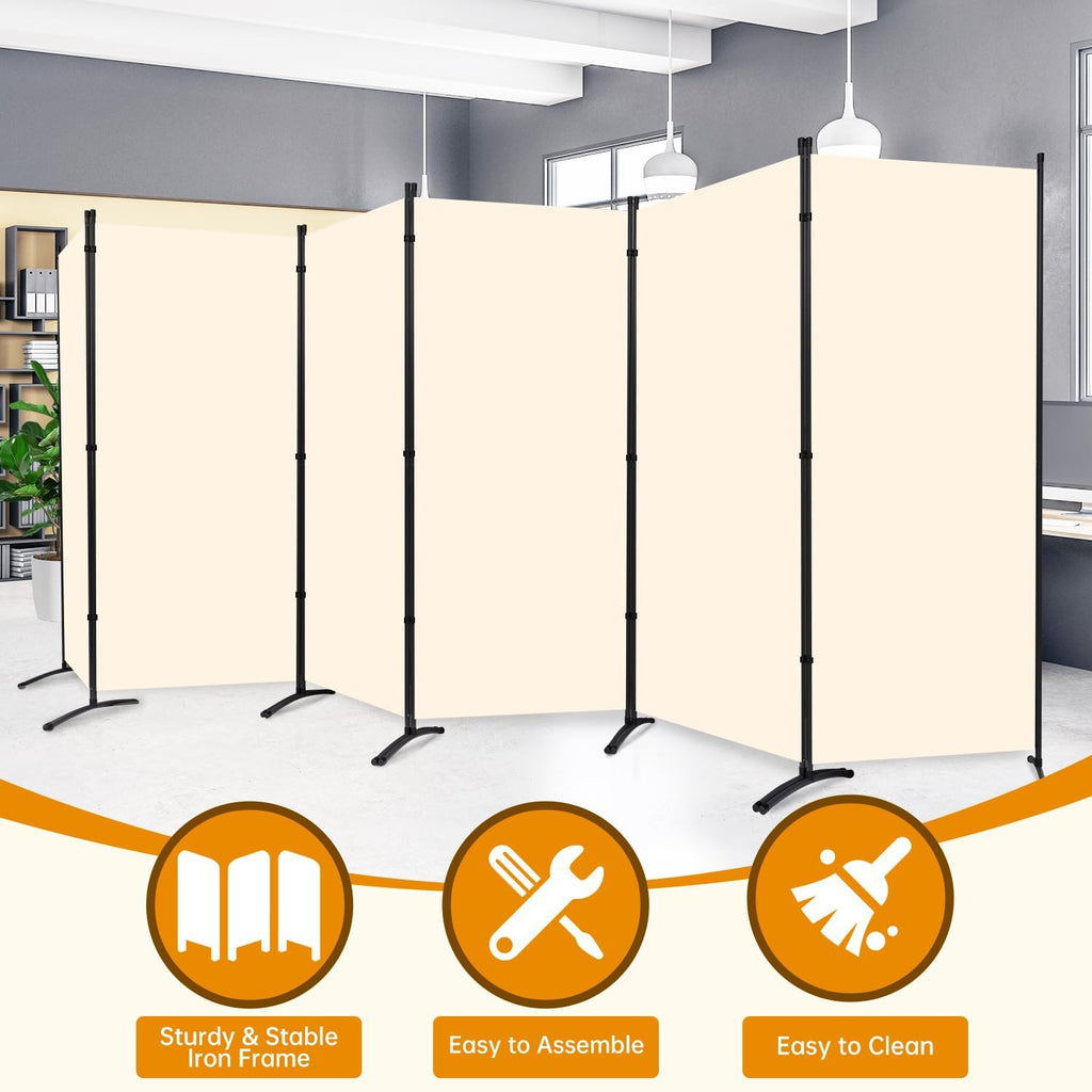 6 Panel Folding Privacy Screens, 6 FT Tall Wall Divider with Metal Frame, Freestanding Room Divider for Office Bedroom Study (6 Panel, Beige)