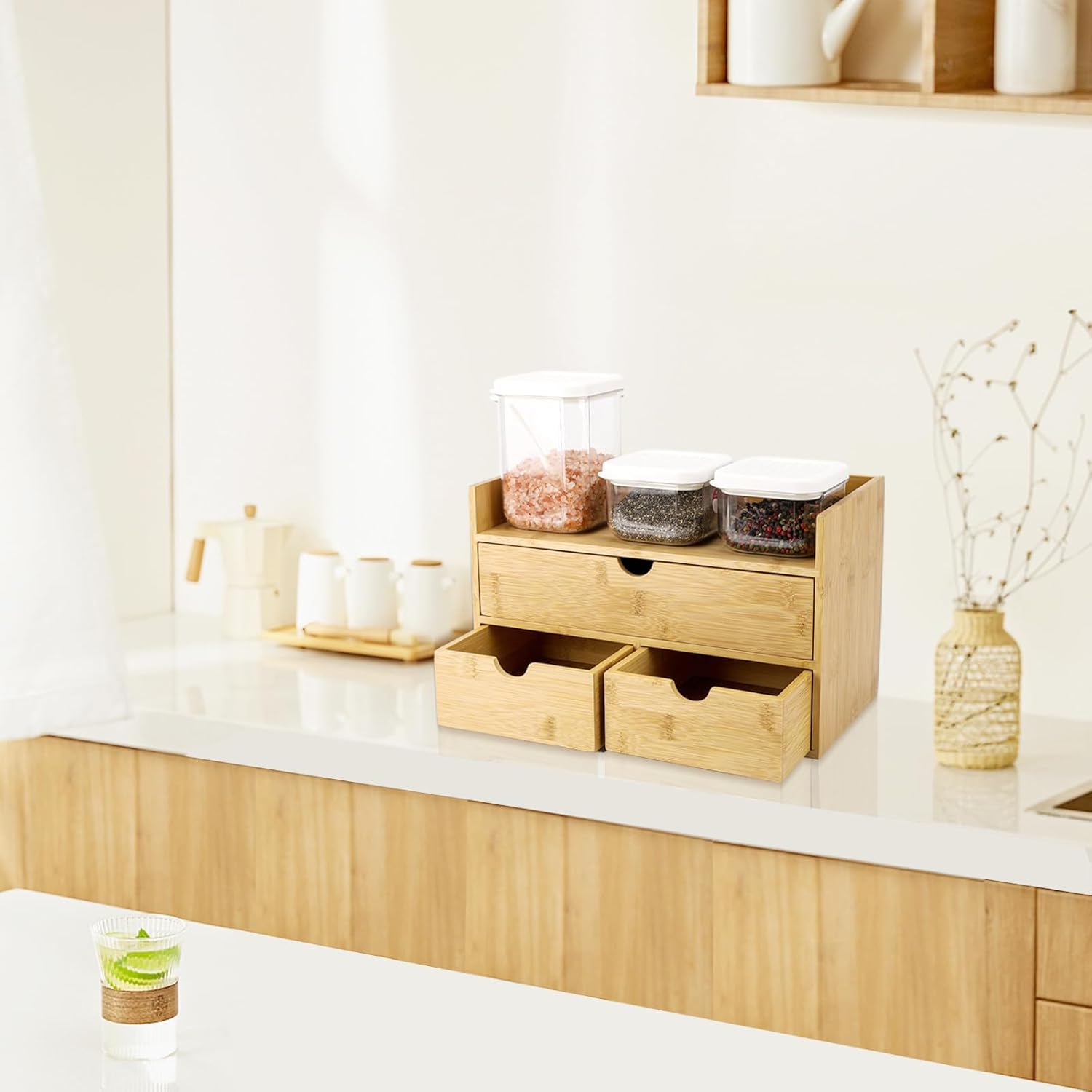 Bamboo Desk Organizer With Drawers Countertop Drawers 3 Drawers Counter Storage Box Corner Desk Organizer for Home Office No Assembly Required