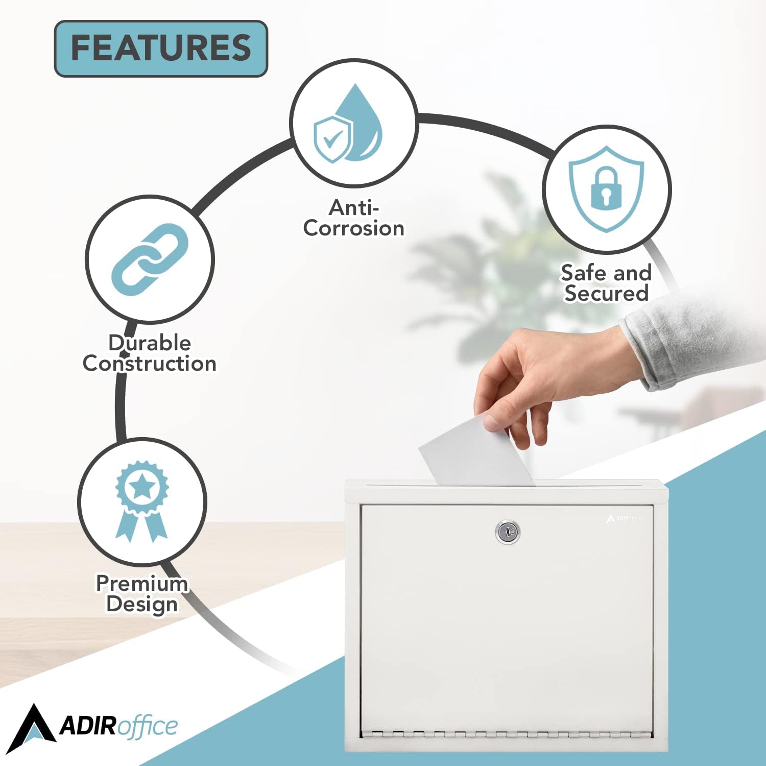 Adir Metal Suggestion Box with Lock and Slot, Wall Mount Deposit Box for Payments and Checks, Office Mail Box for Employees, Mailbox for House, Safe Drop Box with Keys - 3x10x12 Inch White