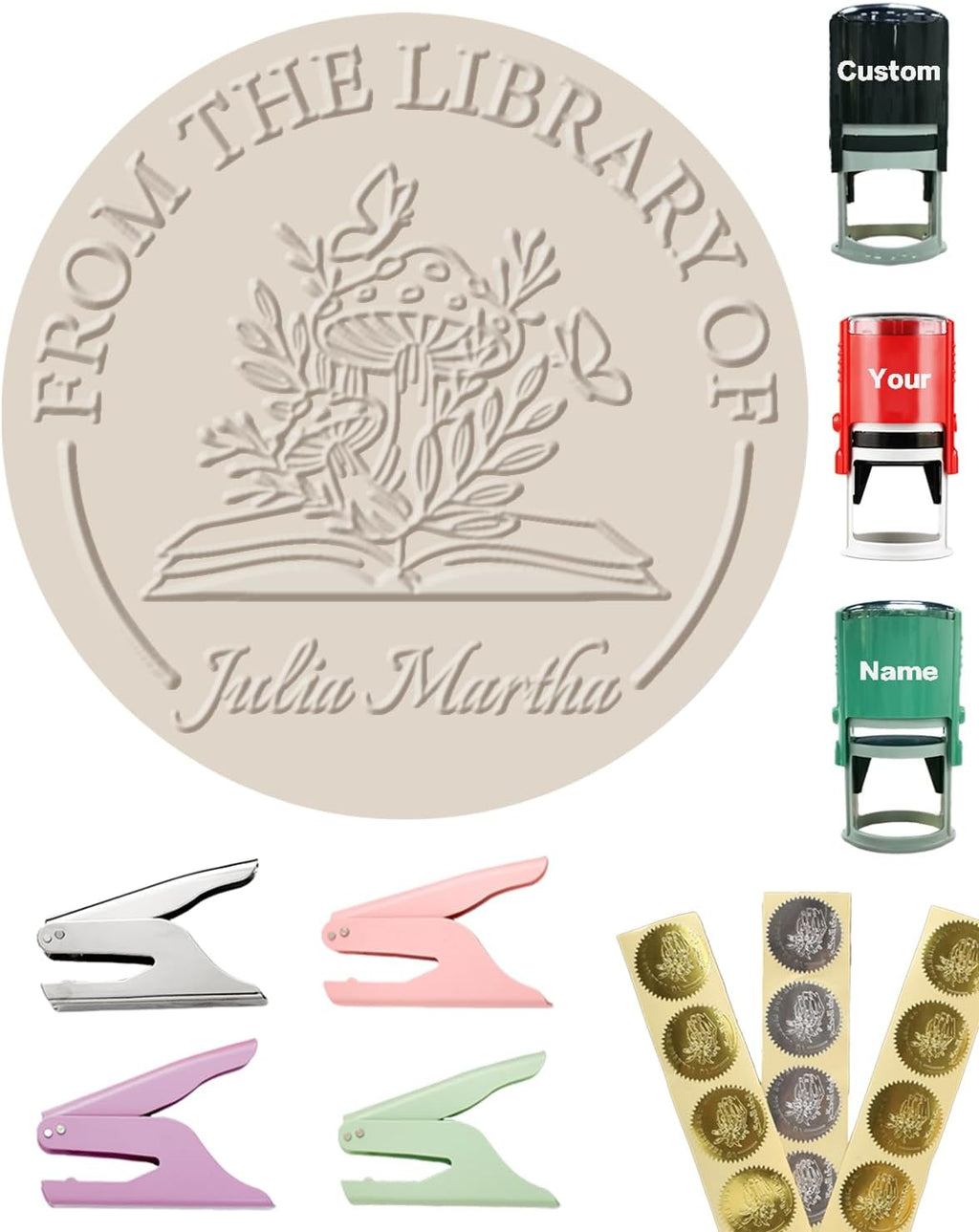 Personalized Book Embosser Stamp with Handle Set, Custom Self-Inking Library Stamp with Name & Design, Elegant Invitation Seal from Library Stamp Kit, Birthday, Book Lover Gifts （Mushroom）