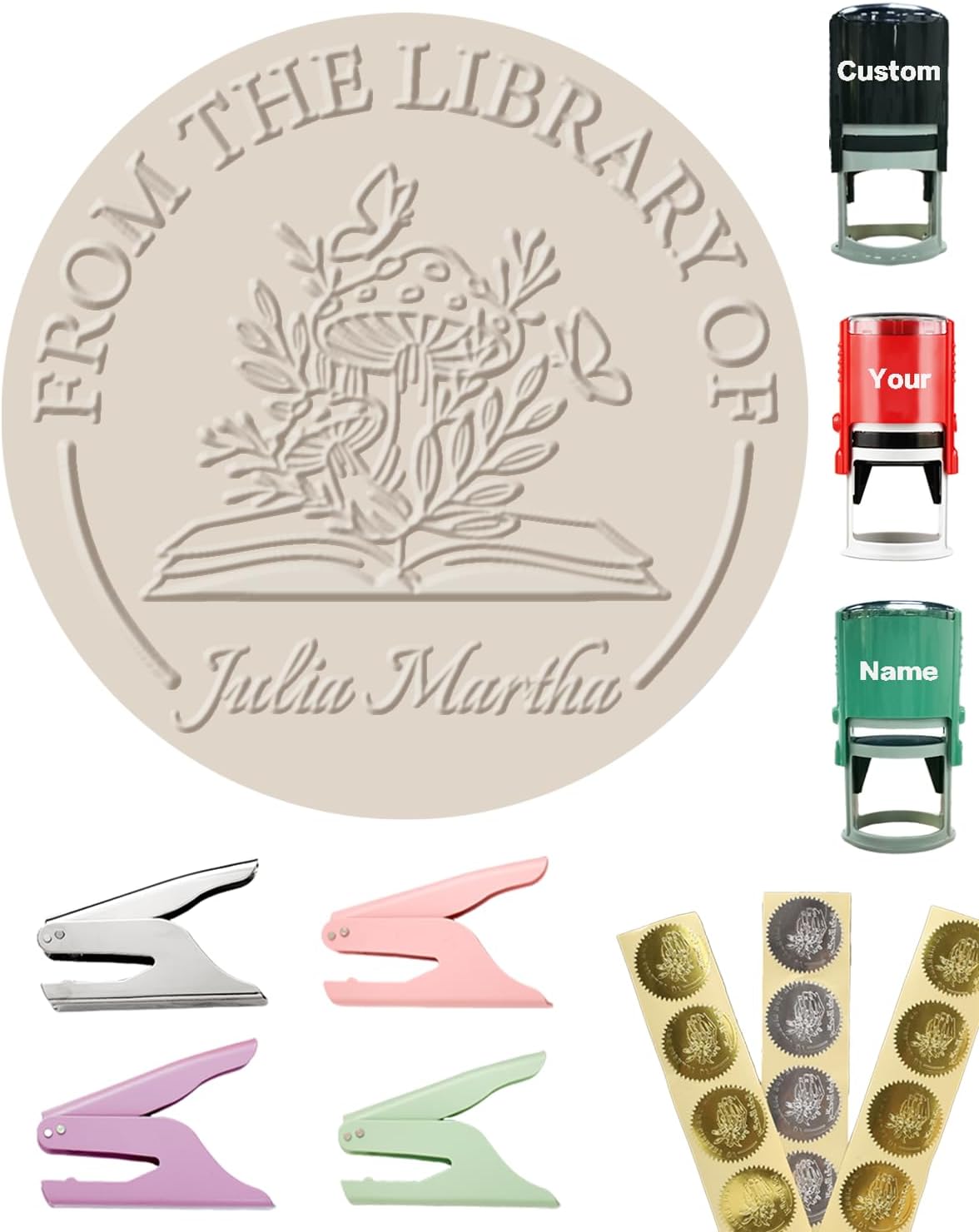 Personalized Book Embosser Stamp with Handle Set, Custom Self-Inking Library Stamp with Name & Design, Elegant Invitation Seal from Library Stamp Kit, Birthday, Book Lover Gifts （Mushroom）