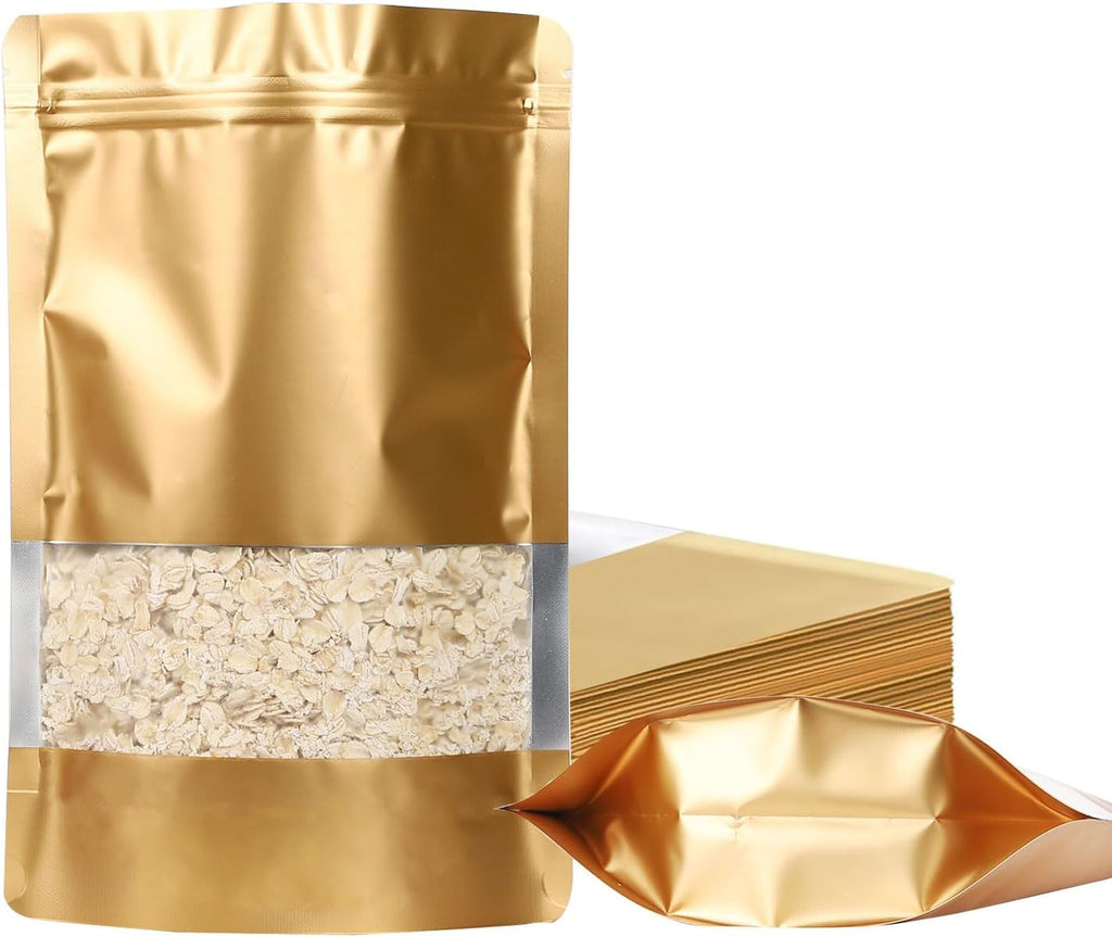 100 Pack Smell Proof Bags, Resealable Mylar Bags with Matte Window, Foil Pouch Stand-up Bags for Food Self Sealing Storage, Scratch Resistant Hand Storage Bags. (Gold, 6.3×9.4 Inch)