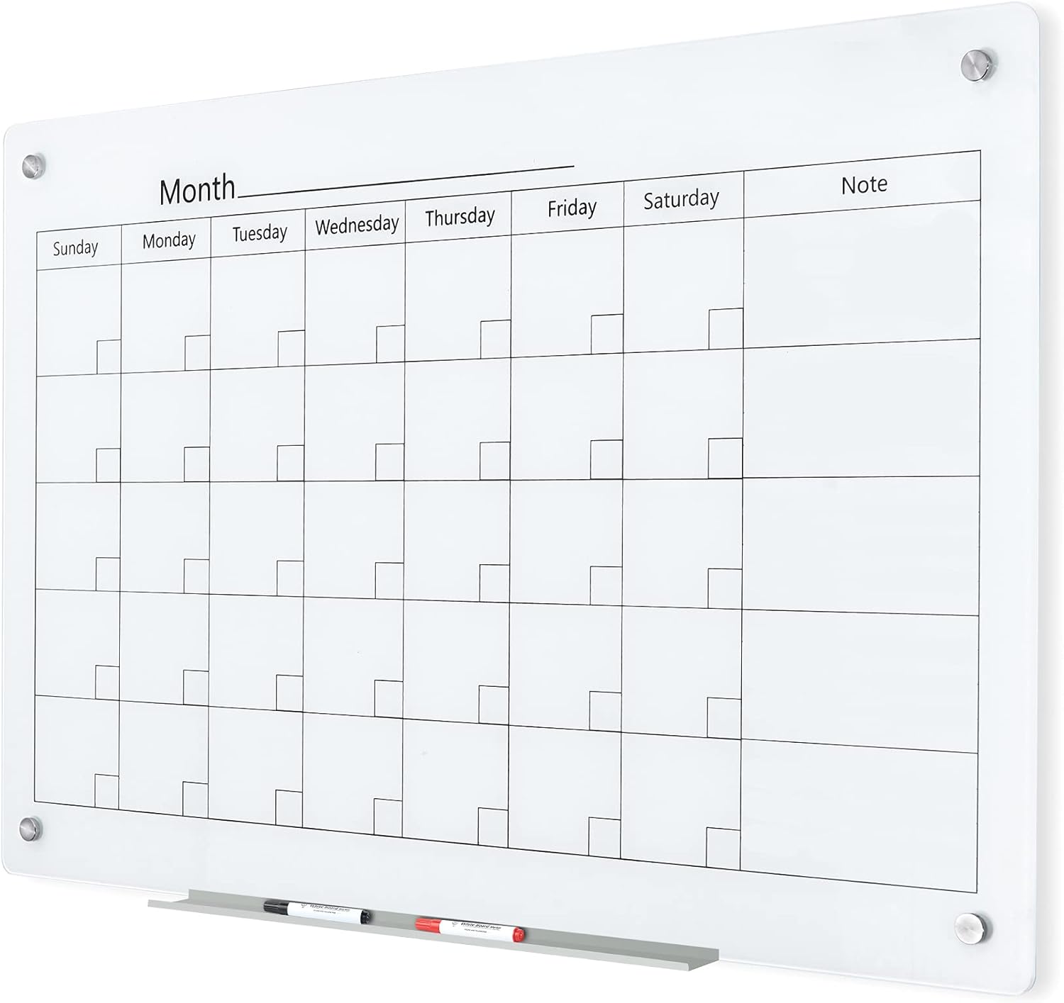 J&J worldwide Magnetic Whiteboard Calendar, 3' x 2' Glass Wall Calendar Dry Erase Board Monthly Planner for Home, School, Office, Frameless, with Markers, Marker Tray, Eraser, Magnets, 35 x 23 Inches