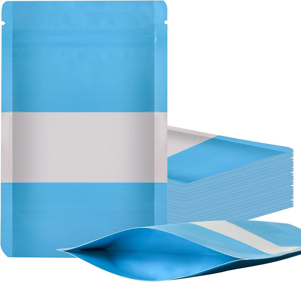 100 Pieces Smell Proof Mylar Bags, Resealable Food Storage Bags with Clear Window, Foil Pouch Stand-up for Food Self Sealing Storage Supplies (Blue, 5.3 x 7.8 Inch)