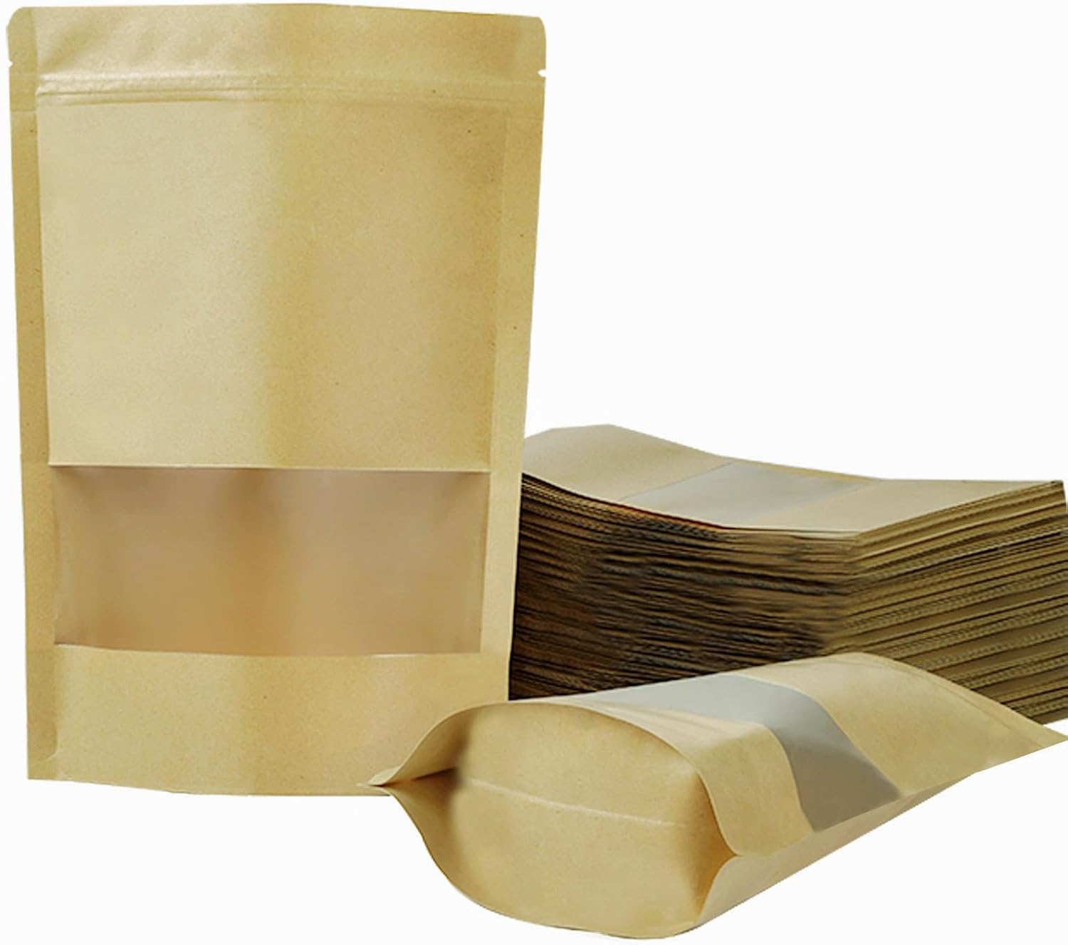 100 PCS Resealable Bags, Stand Up Kraft Paper Bags with Matte Window, Zipper Lock Food Storage Bags for Small Business and Home, 3.93 * 5.9 Inch Reusable Sealable Bags for Packaging