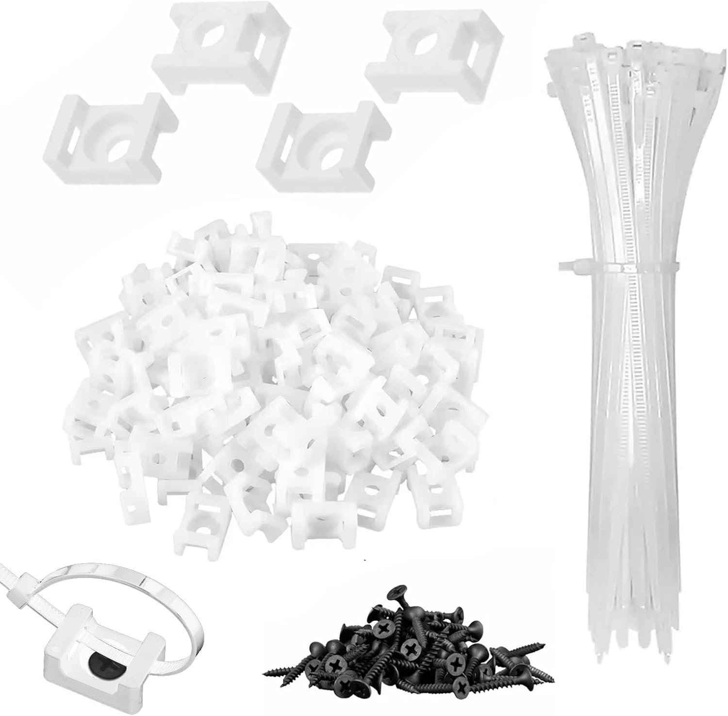 100Pcs Cable Zip Tie Mounts Kit, 0.6in Plastic Zip Ties with Screw Hole, White Zip Tie Anchors, Sturdy Zip Tie Mounting Squares Base with Tapping Screw for Wire Organizer (White, 0.6 inch)