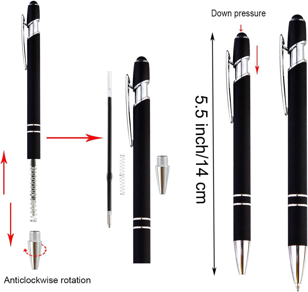 PASISIBICK 8 Pieces Ballpoint Pens with Stylus tip, 2-in-1 Stylus Retractable Ballpoint Pen, Metal Stylus Pen for Touch Screens, 1.0 mm Black Ink