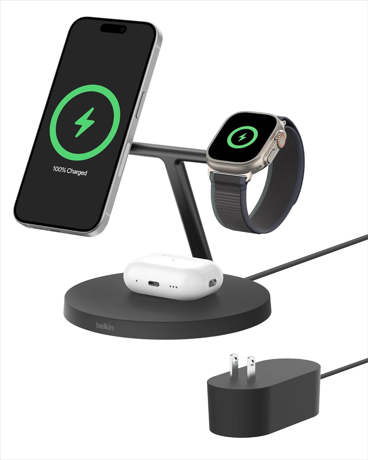 Belkin MagSafe-Compatible Charger, 3-in-1 Wireless Charging Station, Qi2-Certified 15W Wireless Charge for Apple iPhone 16 Series, Apple Watch, AirPods w/Non-Slip Base, 40W Included - Black