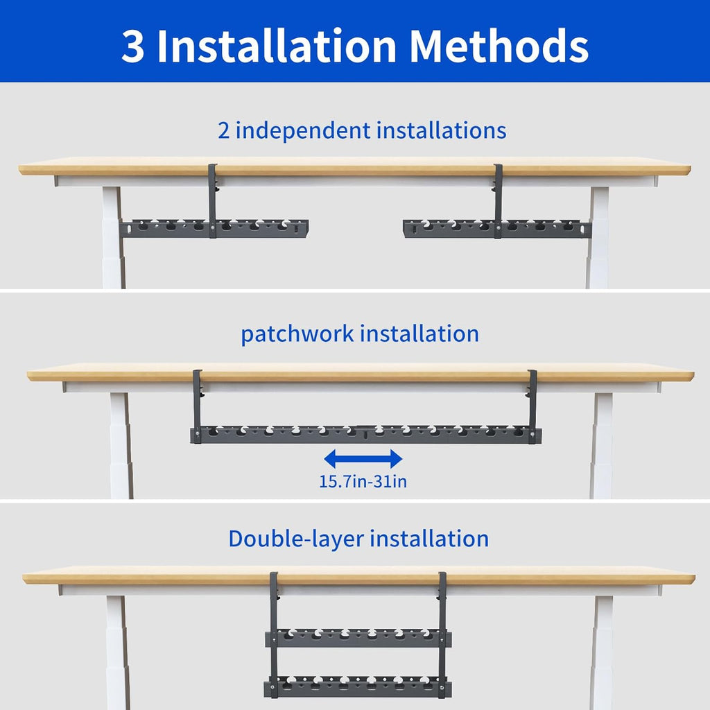 31Inch Extendable Under Desk Cable Management Tray Multi-Model Metal Cable Management Tray Under Desk Cord Management with Clamp Power Strip Cord Holder for Wire Cable Management, Black