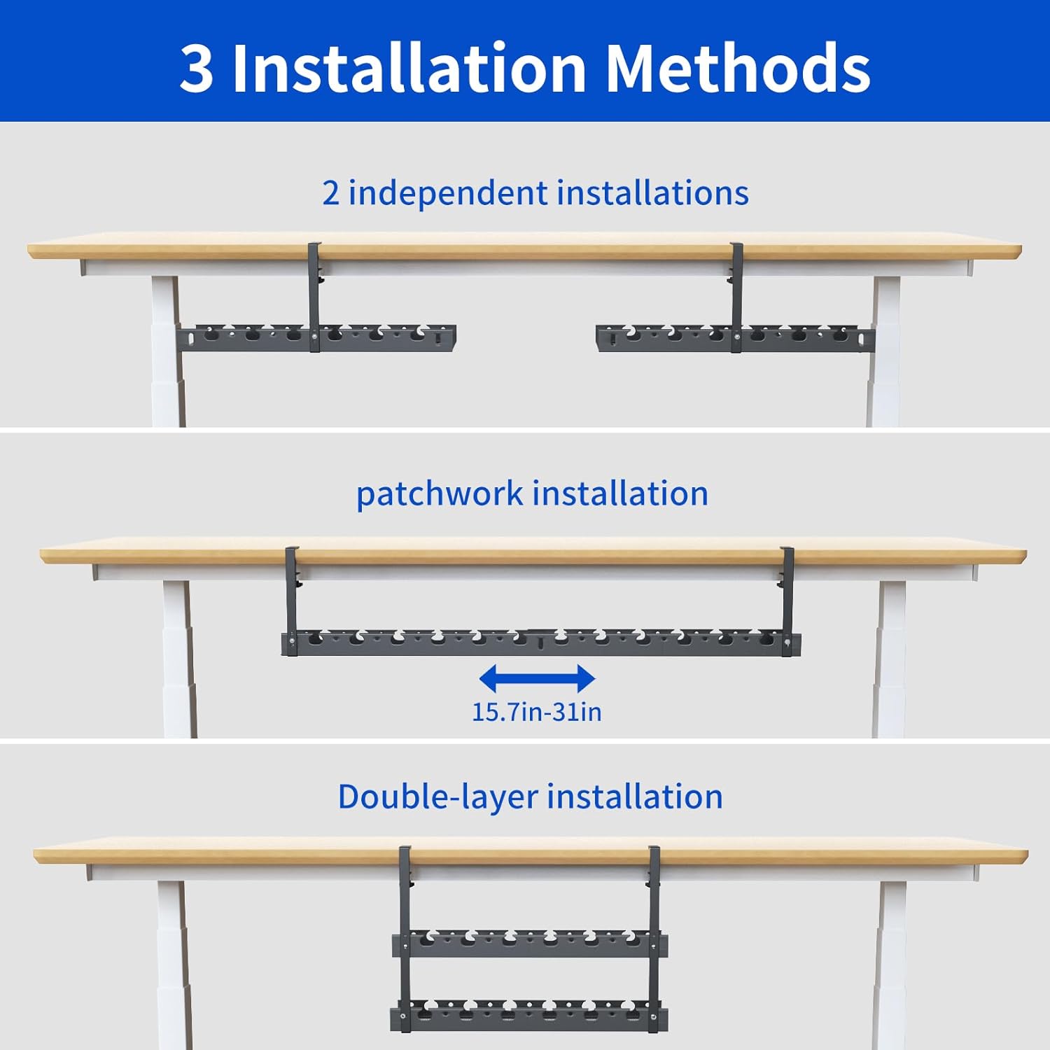 31Inch Extendable Under Desk Cable Management Tray Multi-Model Metal Cable Management Tray Under Desk Cord Management with Clamp Power Strip Cord Holder for Wire Cable Management, Black