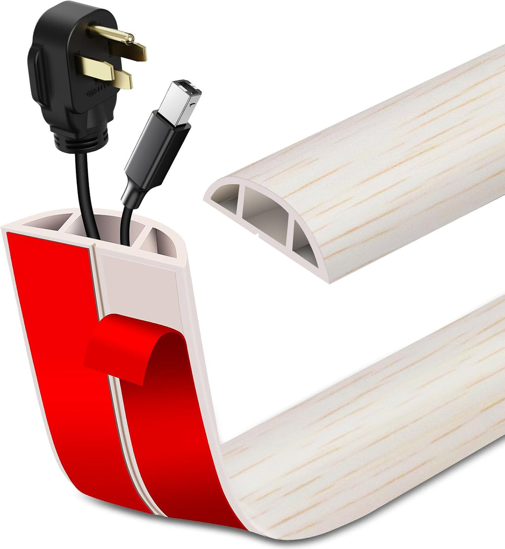 Floor Cord Cover Self Adhesive Cord Hider Floor Extension Cord Covers for Floor Power Cord Protector Cable Management Prevent Cable Trips Cable Cavity 0.59" W x 0.31" H (Beige Wood, 10Ft)