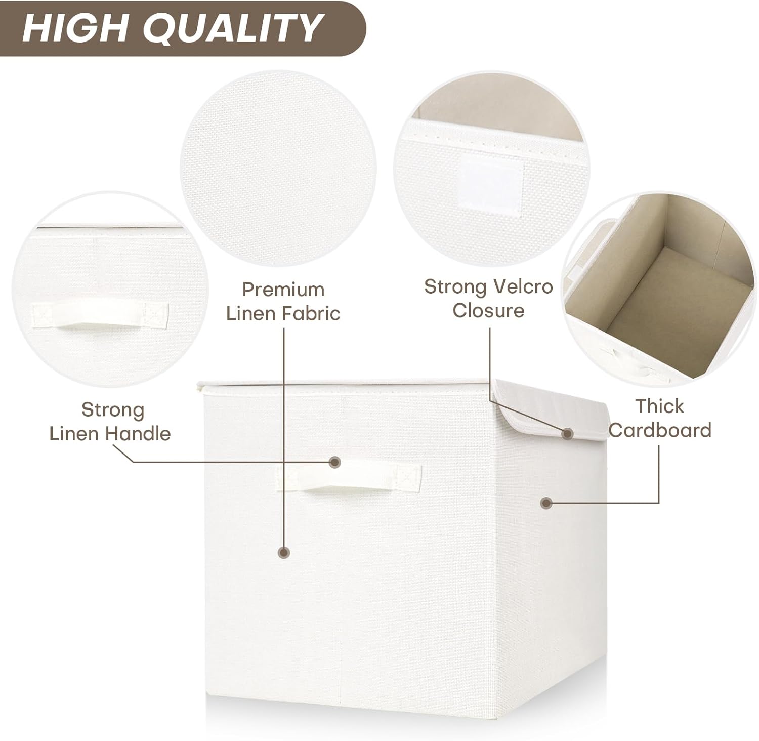Large 22 Quart Linen Fabric Foldable Storage Bin Cube Organizer Basket with Flip-Top Lid & Handles, Clothes Blanket Box for Home, Office, Closet, White, 4 Pack 14.6 x 9.5 x 9.5”