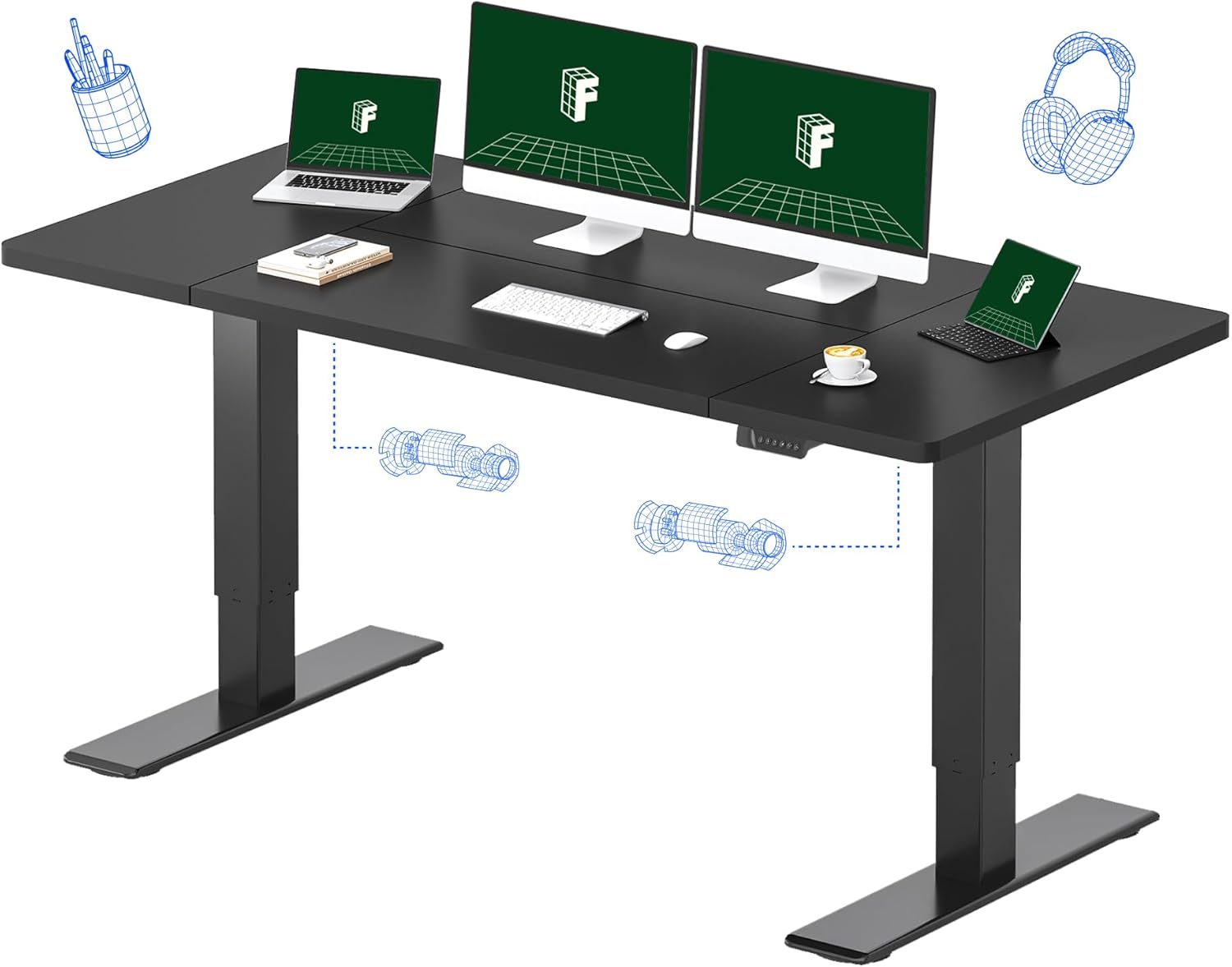 FLEXISPOT 71 x 32 Inch Dual Motor Standing Desk, Computer Desk with Memory Controller, Home Office Desk with Splice Board (Black Frame + 71" Black Desktop, 2 Packages)