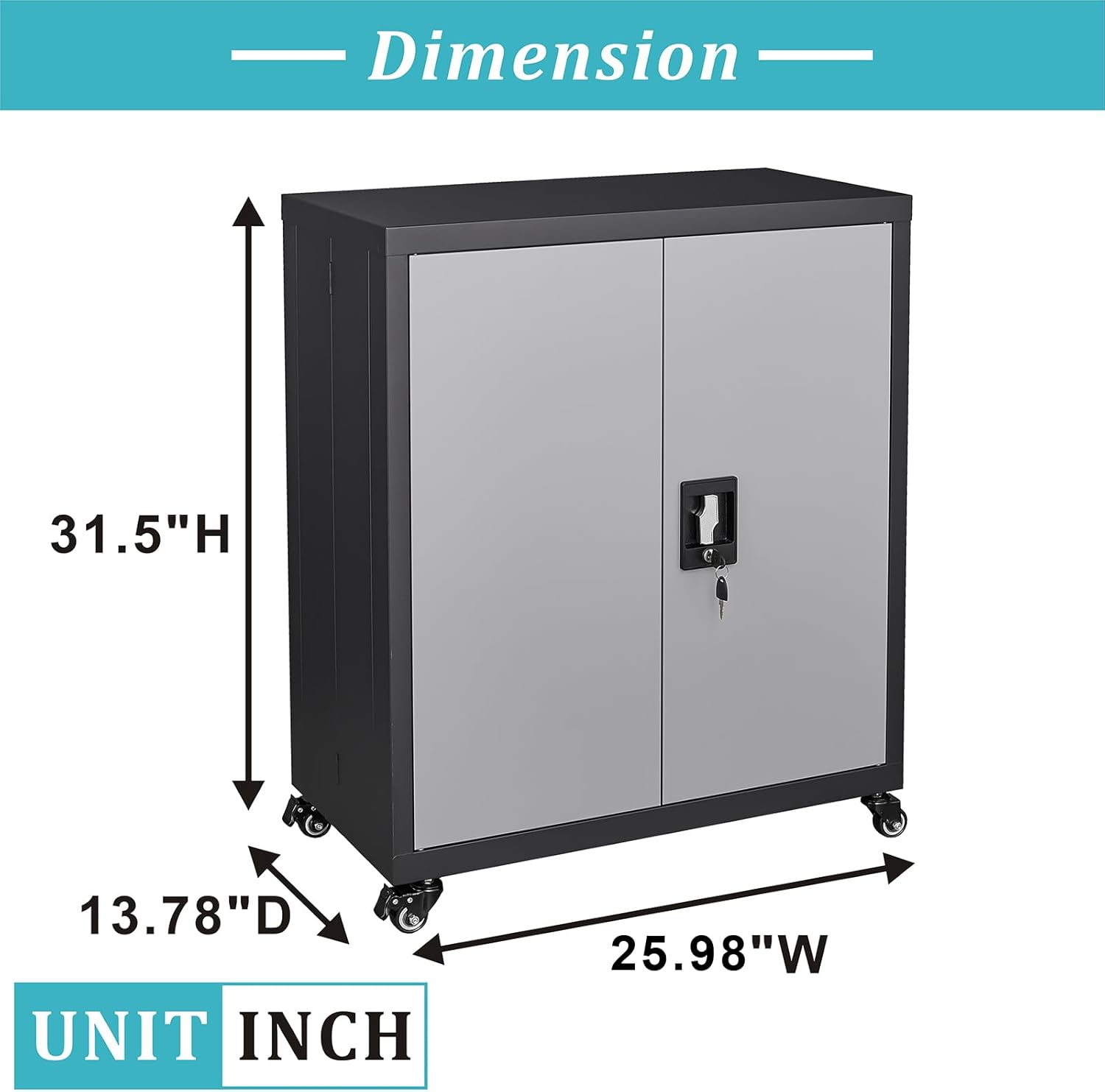 GREATMEET Metal Storage Cabinet with Locking Doors and Wheels,Garage Cabinet with Shelves for Home Office, Gym, School,Black+Grey