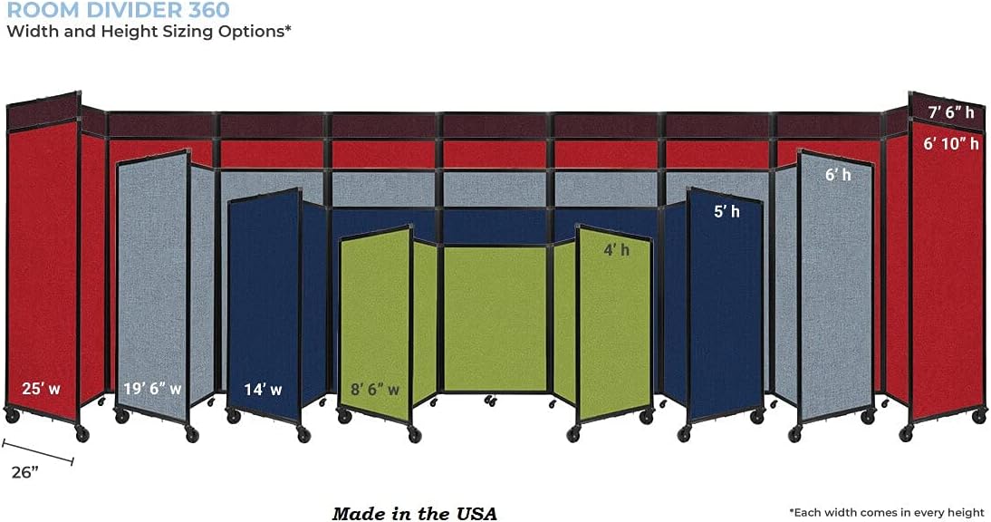Versare Room Divider 360 Portable Wall Partition | Folding Panels | Large Freestanding Divider | Locking Wheels | Temporary Room Separator | 25' x 7'6'', Charcoal Gray
