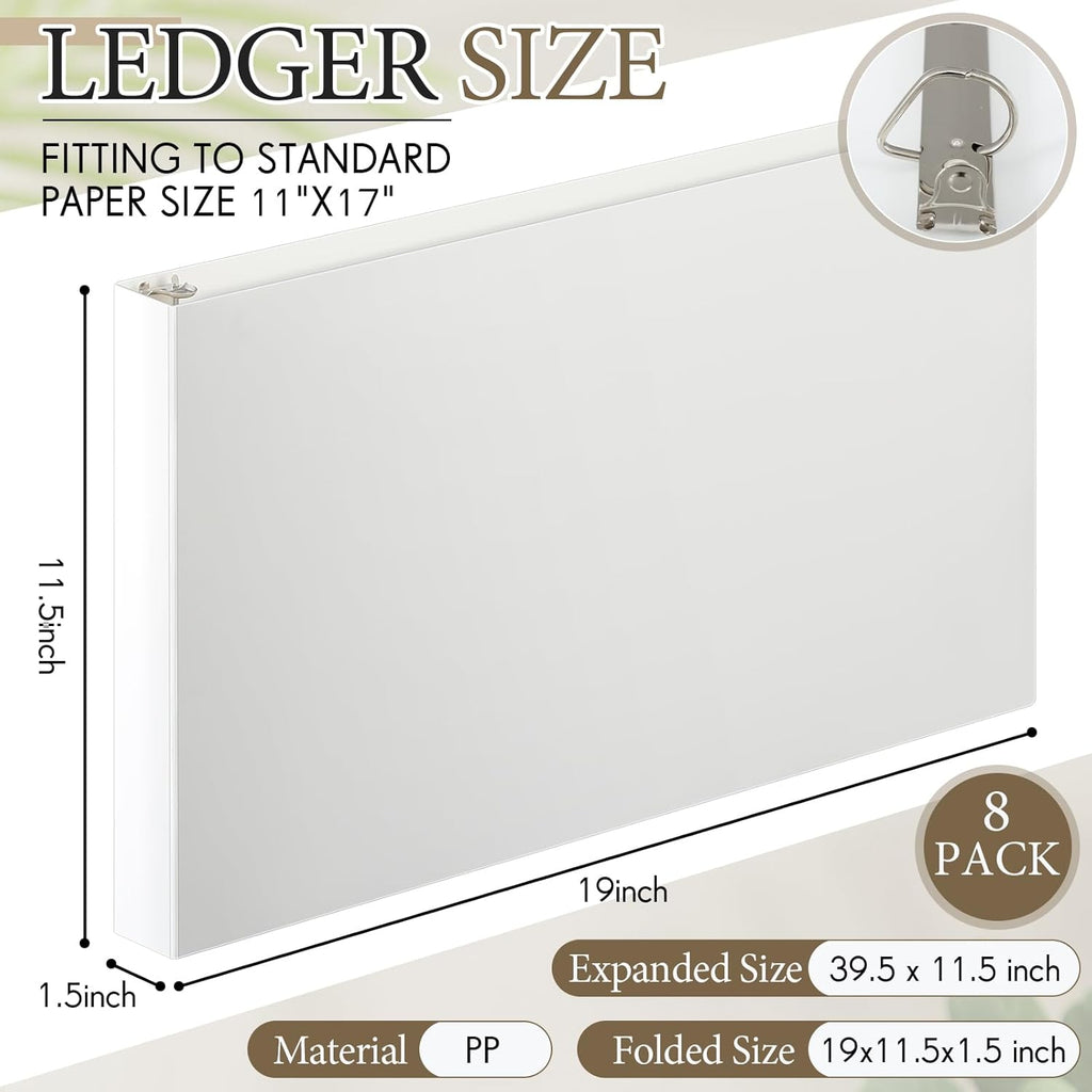 8 Pcs 11 x 17 Inch 3 Ring Binders 1 Inch Rings Heavy Duty View D Ring Binders Economy Holds 11" x 17" Paper for Artwork Blueprints, Office, Home, Work Places(White)