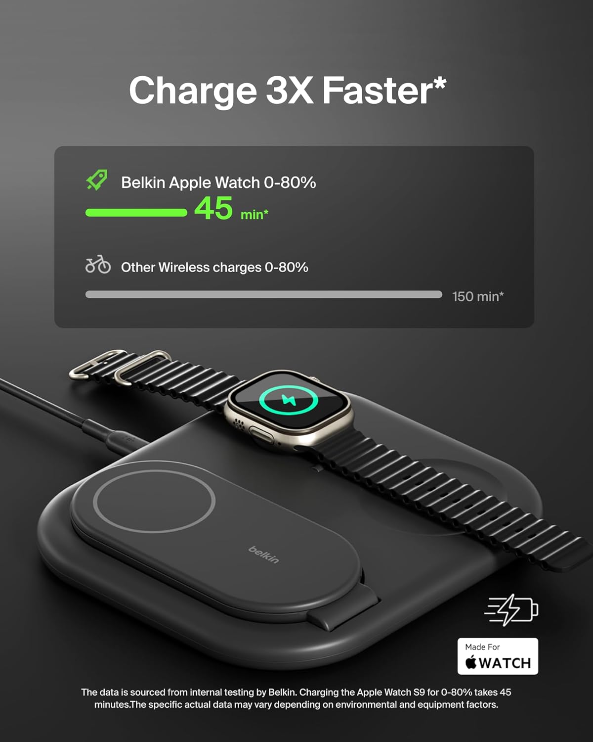 Belkin 3-in-1 MagSafe-Compatible iPhone Charger 15W, Foldable Magnetic Qi2-Certified Wireless Charging Station for iPhone 17, Apple Watch Series 10, AirPods 4, Pixel 10, w/Non-Slip Base & PSU - Black