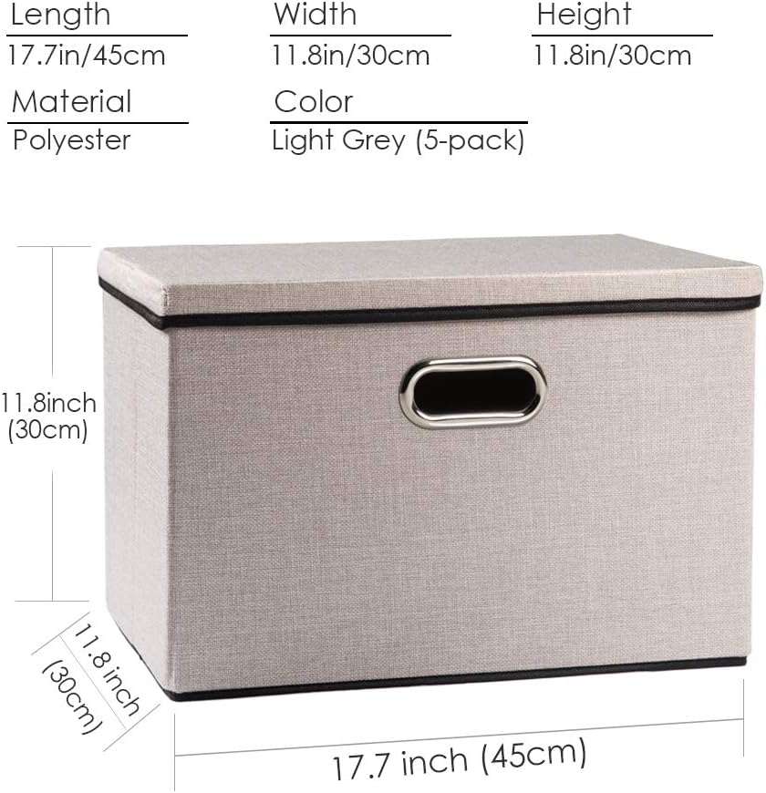 PRANDOM Large Foldable Storage Bins with Lids [5-Pack] linenFabric Decorative Storage Boxes Organizer Containers Baskets Cube(17.7x11.8x11.8) For 6+ Year Old Boys and Girls