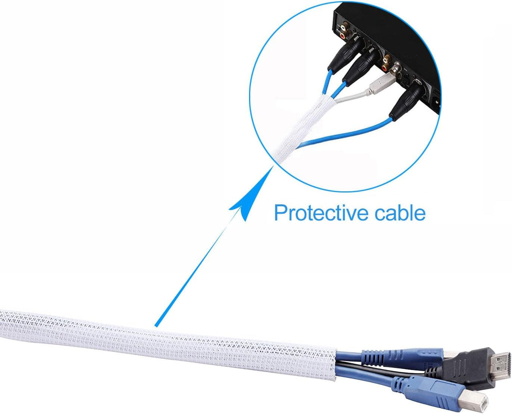 1/2" x25ft Braided Cable Sleeve – Split Self-Wrapping Wire Loom Tubing for USB, Power, Audio/Video Cords – Chew-Resistant Cord Protector, White Expandable Sleeving