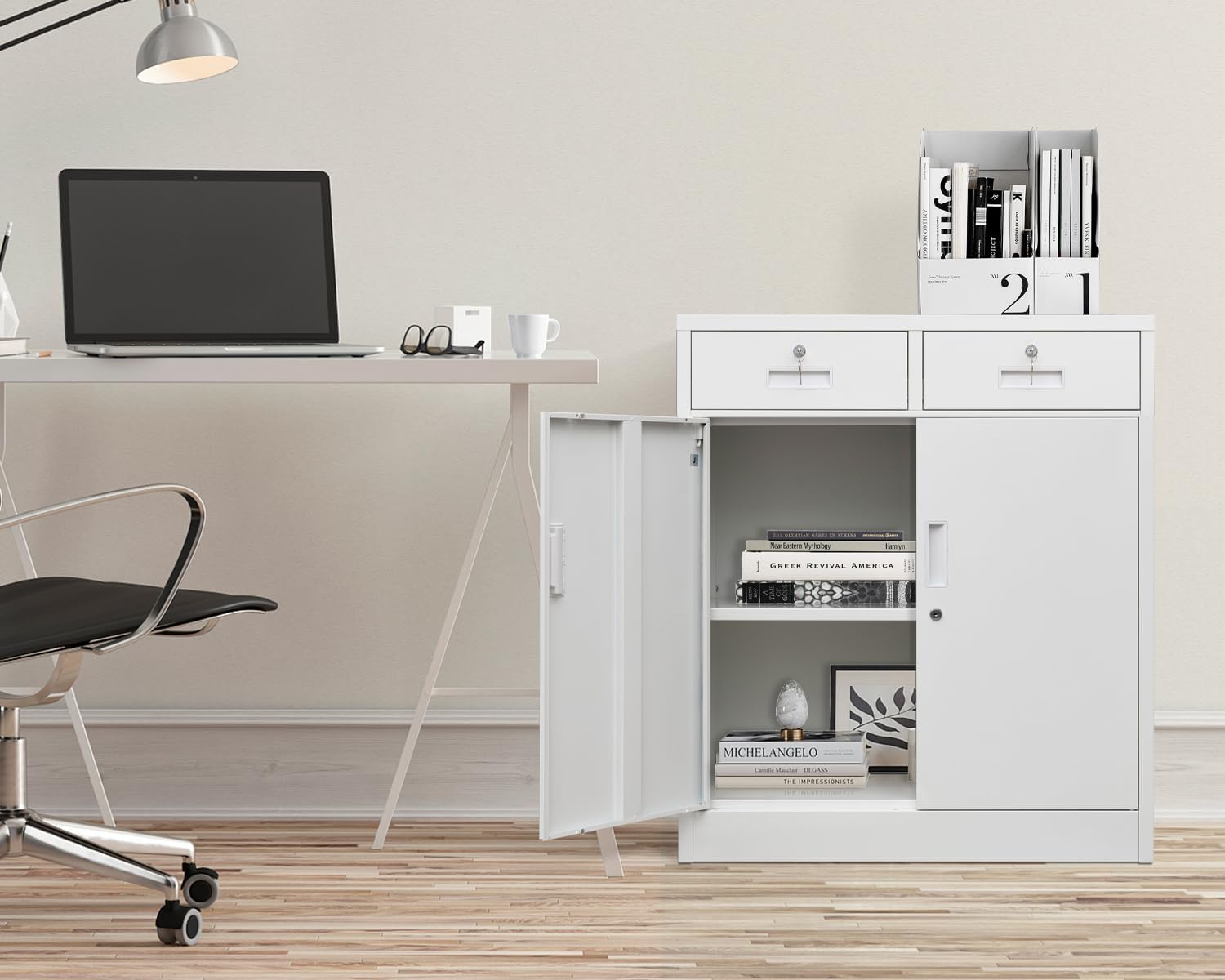 BESFUR Metal Storage Cabinet with 2 Drawers 36" H, Small Lockable Steel Storage Cabinets with 2 Lockable Doors and Adjustable Shelves Easy to Assemble for Home Office Garage Kitchen Pantry White