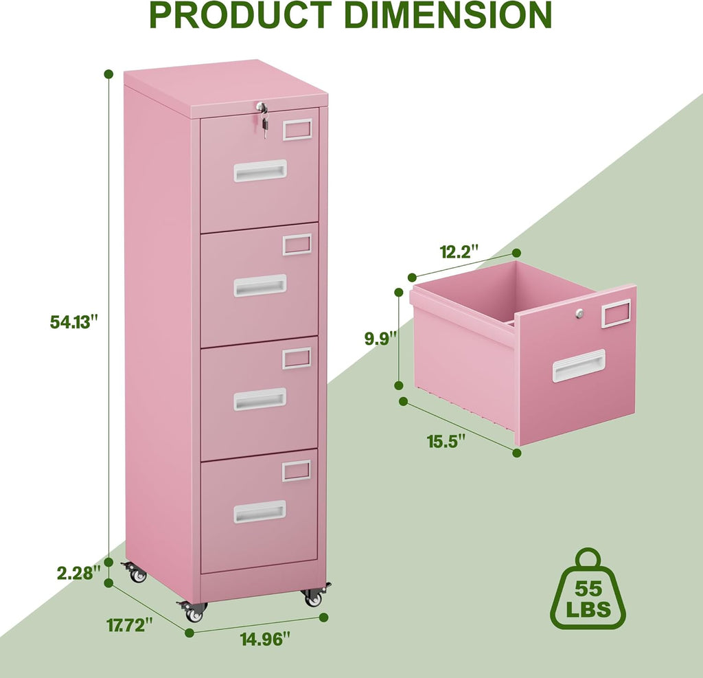 Aobabo File Cabinet 4 Drawer with Wheels, Lockable Office Metal Filing Cabinet with Name Card for Office and Home,Assembly Required,Pink