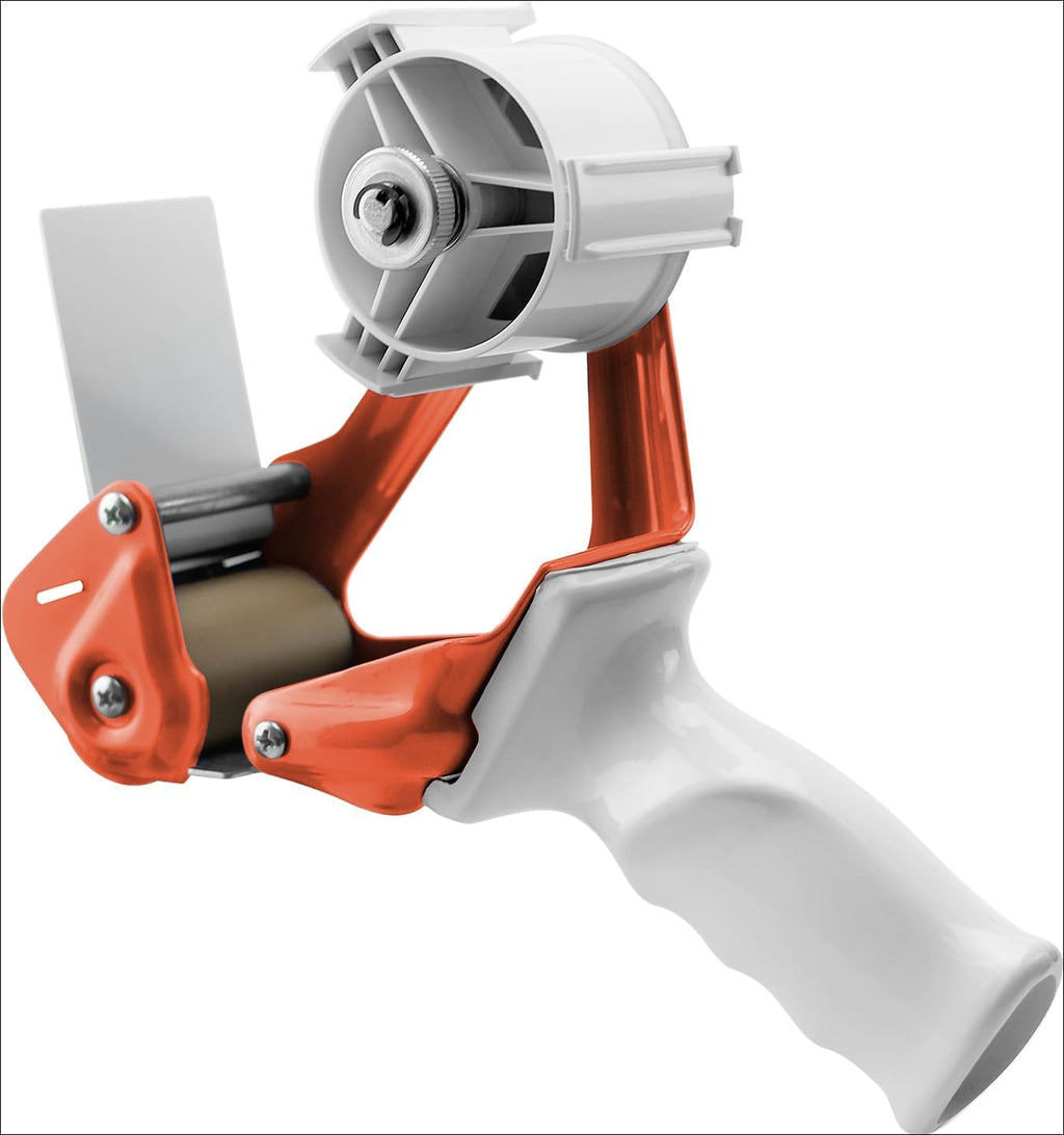 Heavy Duty Metal Frame Orange Packing Tape Dispenser 3 Inch Core with Special Ergonomic Handle, Tape Gun for Packing Boxes with Premium Tempered Steel Blade - for 2 inch Wide Roll