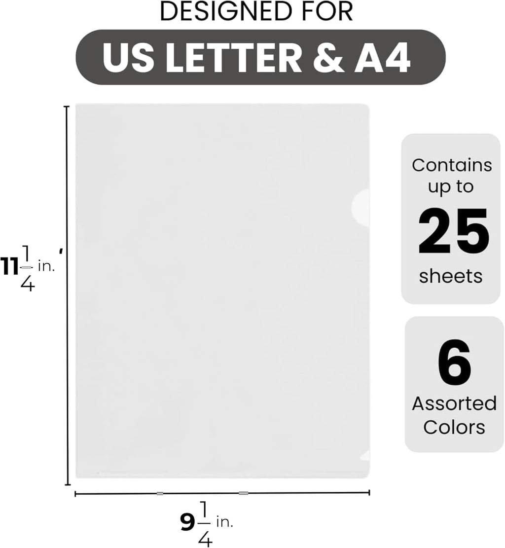 Letter Sized Poly Sleeves - 48 Pack, 6 Assorted Colors, Heavyweight for Sheets 8.5"x11", Project Pockets, Plastic Sleeves for documents Folders with L-Type, Page Protectors, Acid-Free