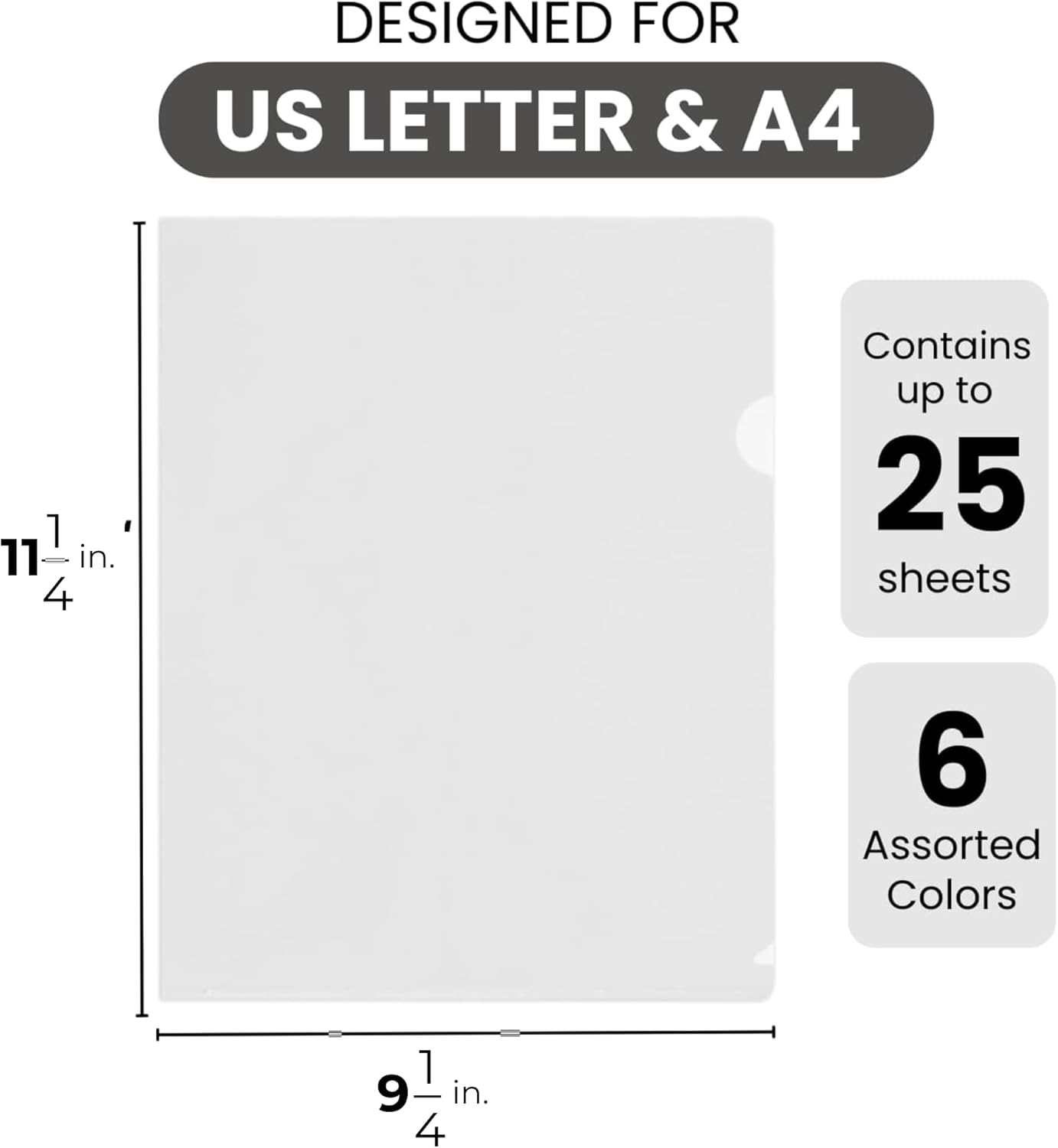 Letter Sized Poly Sleeves - 48 Pack, 6 Assorted Colors, Heavyweight for Sheets 8.5"x11", Project Pockets, Plastic Sleeves for documents Folders with L-Type, Page Protectors, Acid-Free