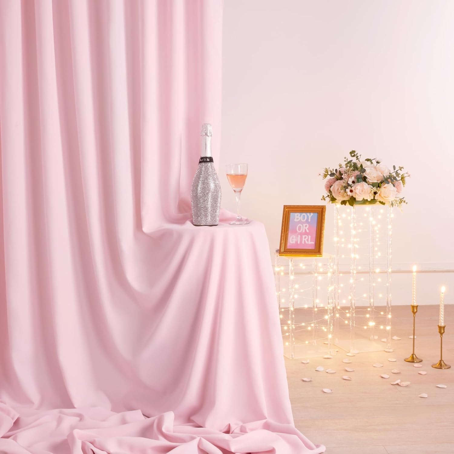 Pink Backdrop Curtains 4 Panels 5ft x 10ft Polyester Photography Backdrop Drapes for Baby Shower Party Wedding Stage Decorations