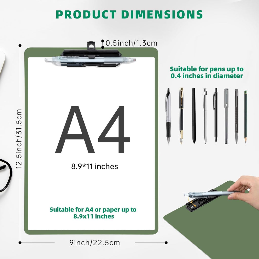 Clipboard with Pen Holder, 2 Pack Plastic Clipboard with Low Profile Metal Clip, Hanging Clip Boards Holds 8.5x11 Inch Papers, Standard A4 Letter Size Clip Boards for Offices & School, Green